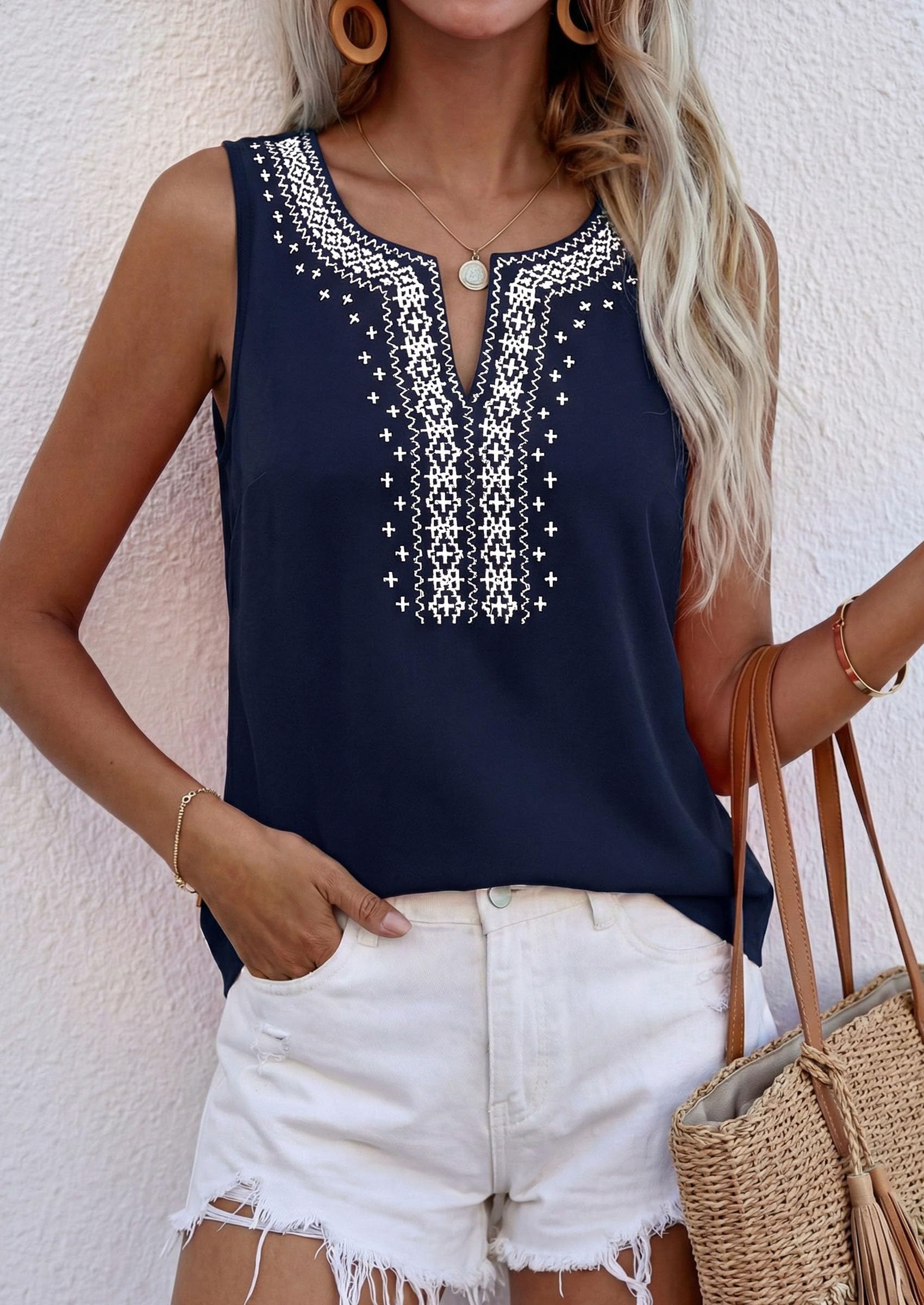 Womens Embroidered Sleeveless Tank Tops Navy,S