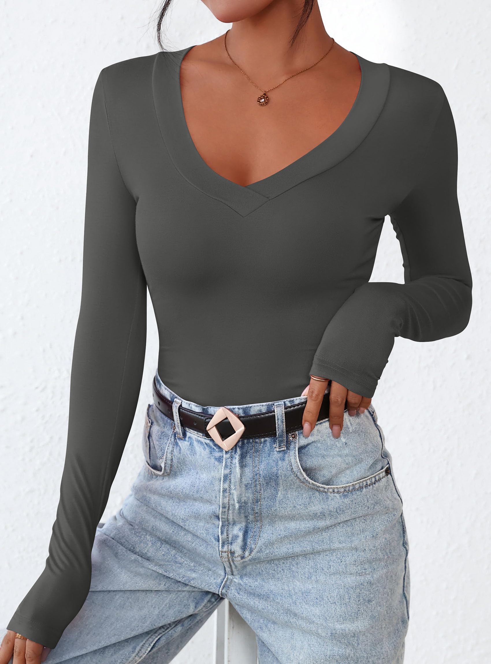 Women's V Neck Long Sleeve Shirts,Dark Grey,X-S