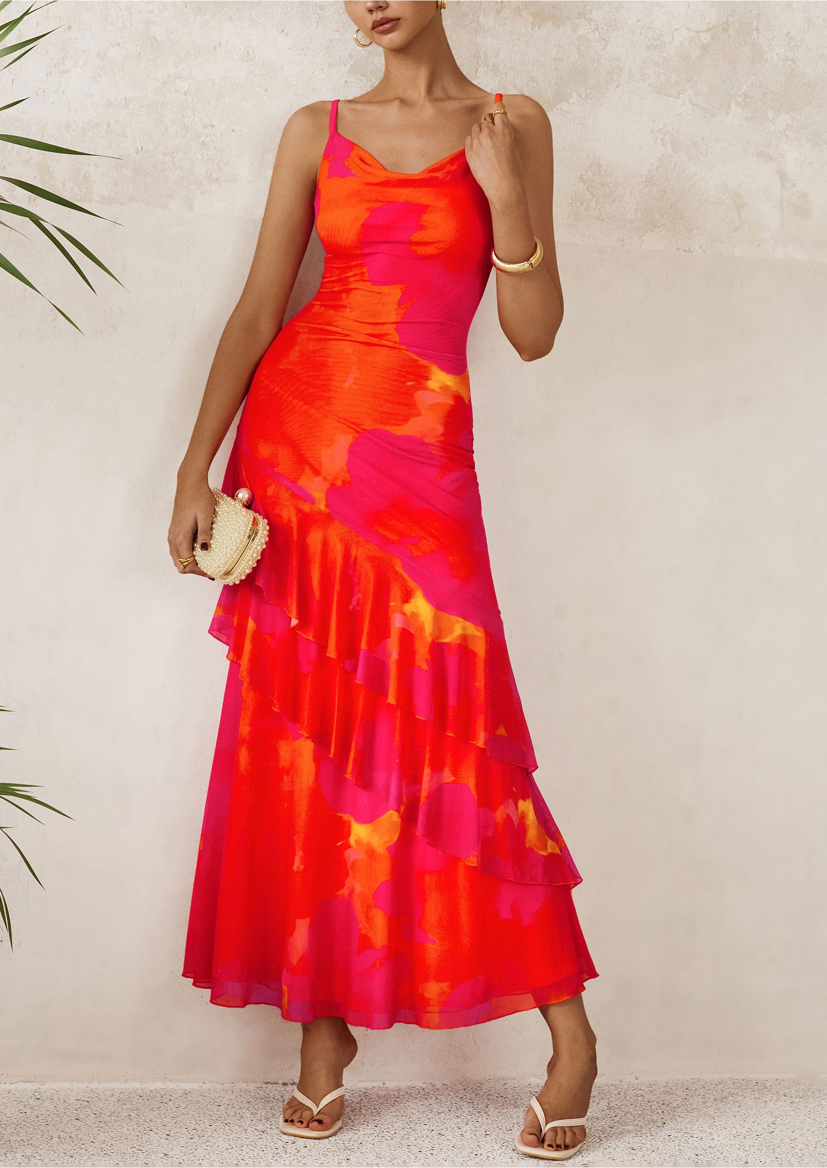 Women's Boho Floral Tiered Maxi Dress,Orange Red Big Floral,XS