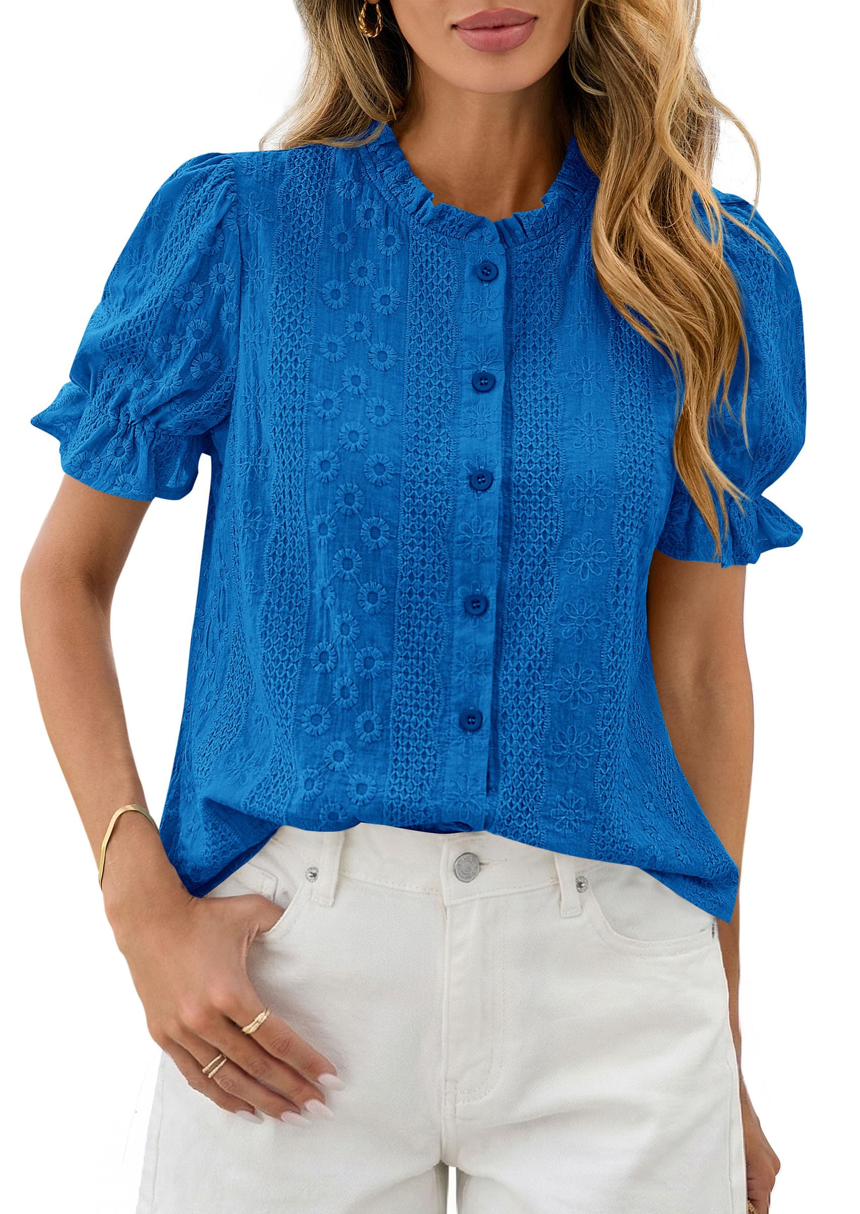 Womens Embroidered Puff Short Sleeve Tops,Royal Blue,S