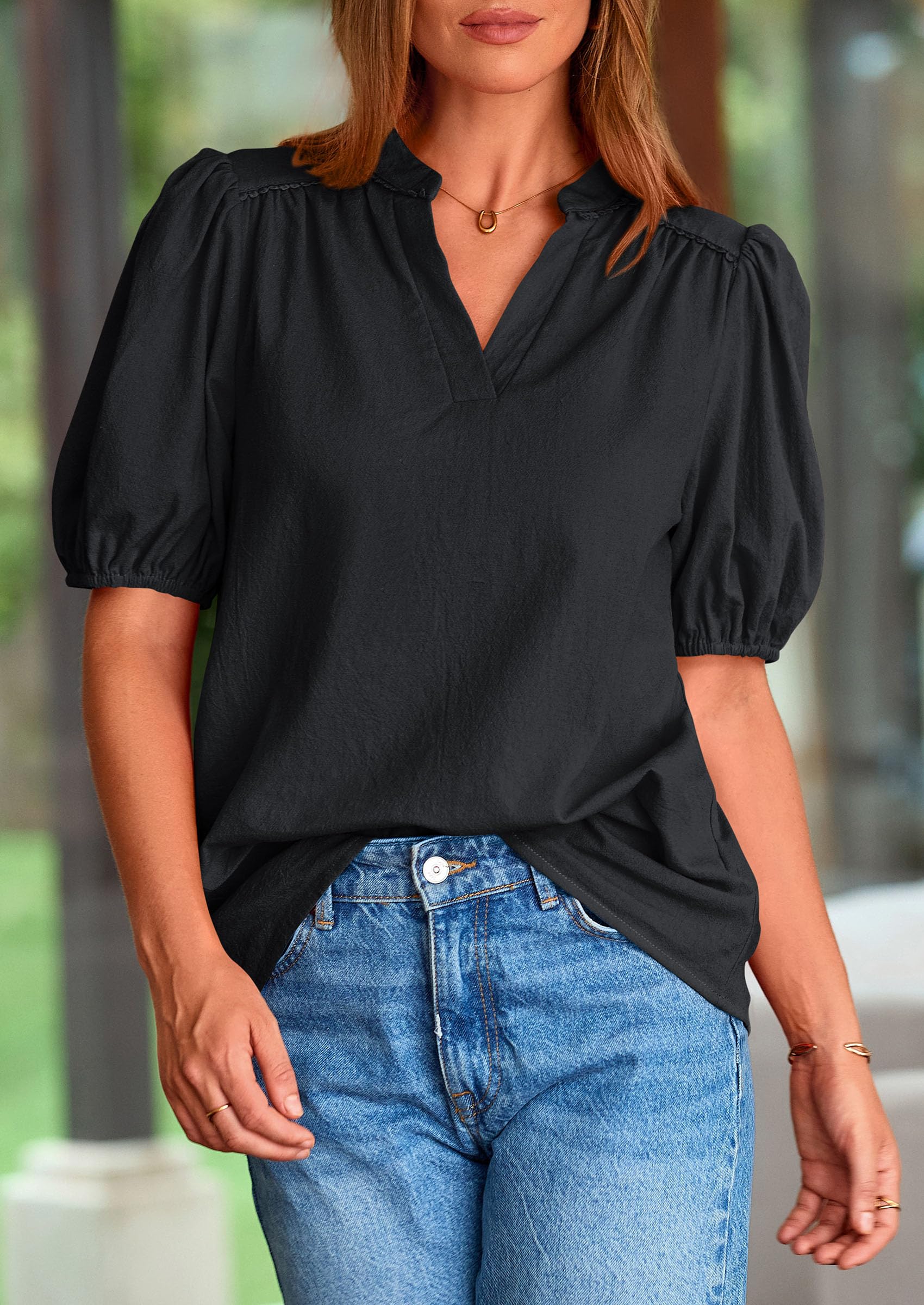 Womens Short Puff Sleeve V Neck Blouses,Black,S