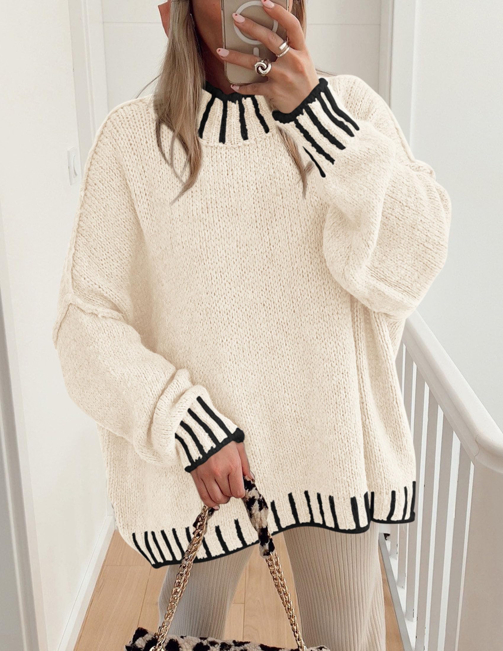 Women's Mock Neck Oversized Pullover Sweaters,White,M