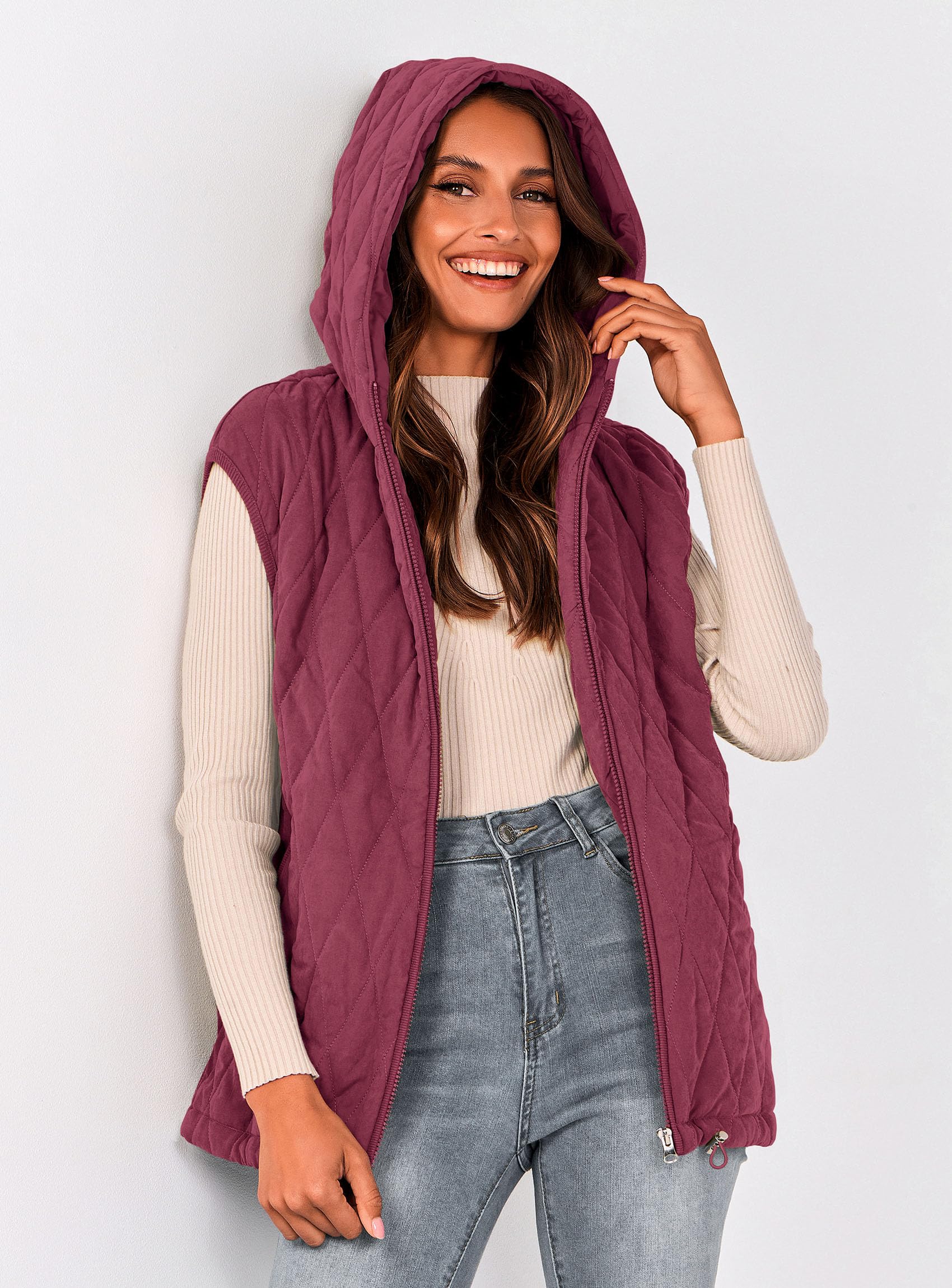 Women's Fall Fashion Vest Zip Up Jacket(Wine Red,Small)