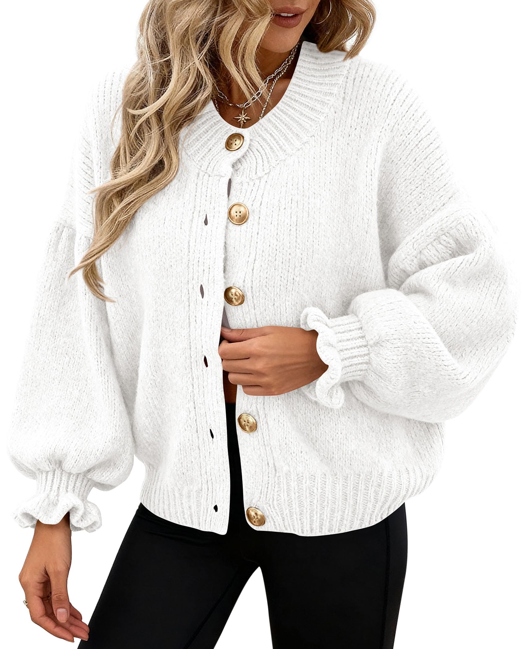 Womens Long Sleeve Chunky Knit Cardigan Sweaters,White,S