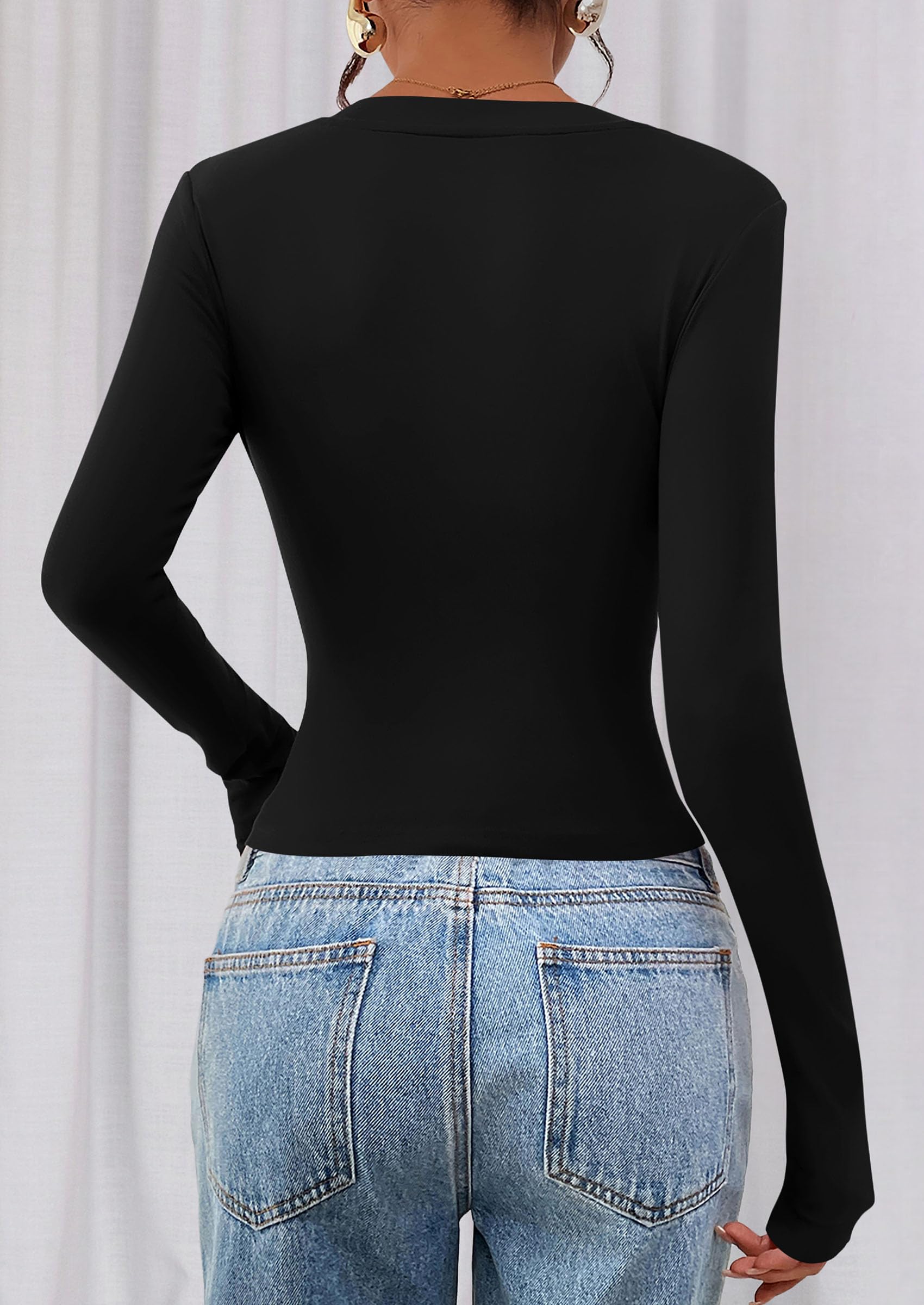 Womens Long Sleeve Slim Fit Crop Tops,Black,XS