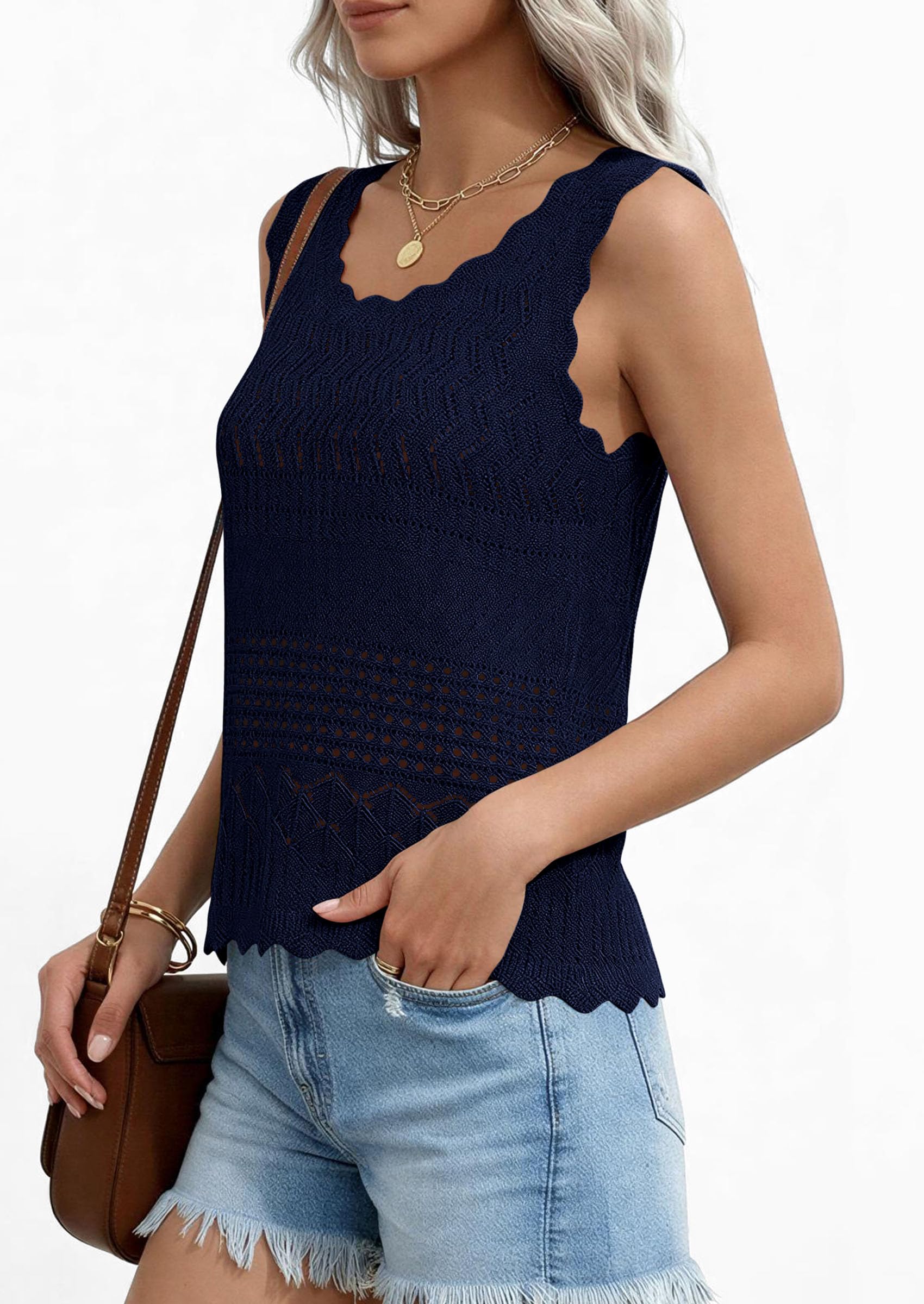 Womens Crochet Tank Tops Knit Sleeveless Vest,Navy Blue,S