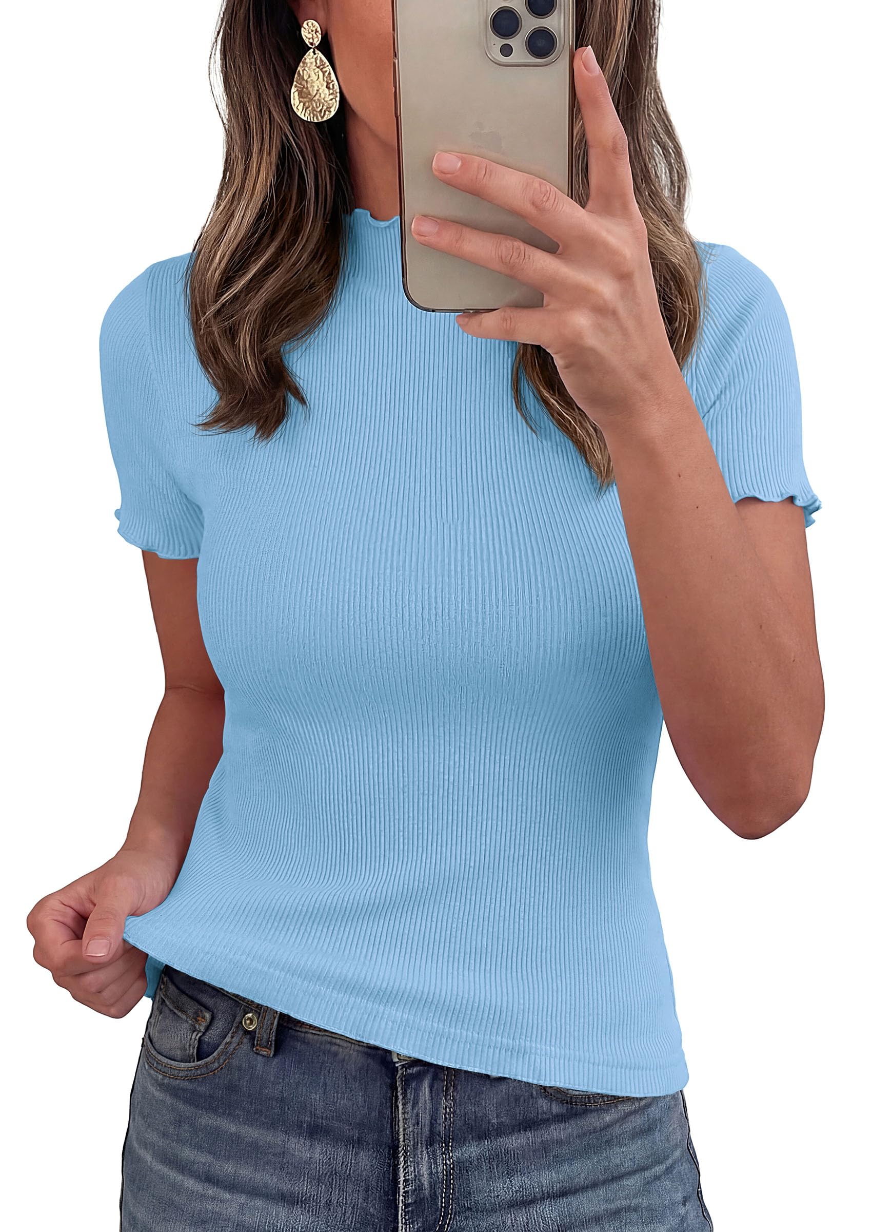 Women's Short Sleeve Ribbed Knit T Shirts, Light Blue,XS