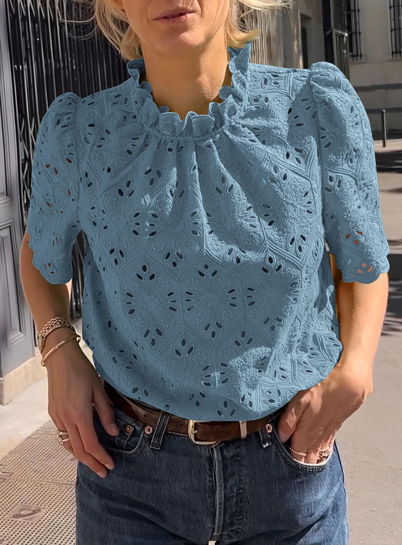 Women Summer Tops Eyelet Embroidered Shirts,Blue Grey,XS