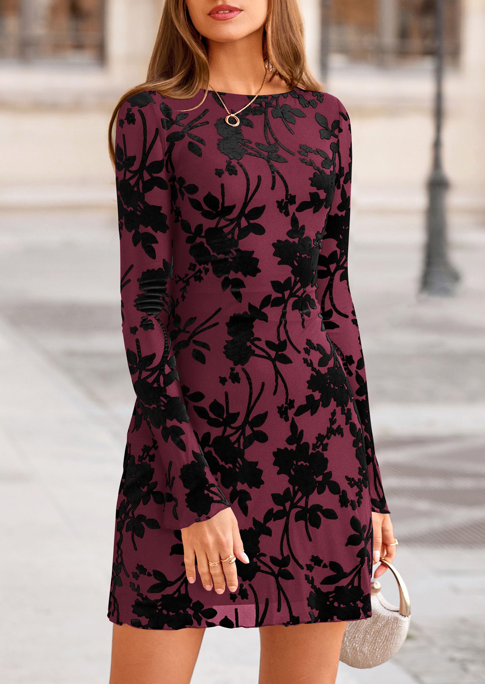 Women's Fall Floral Long Sleeve Mini Dress (Red,XS)