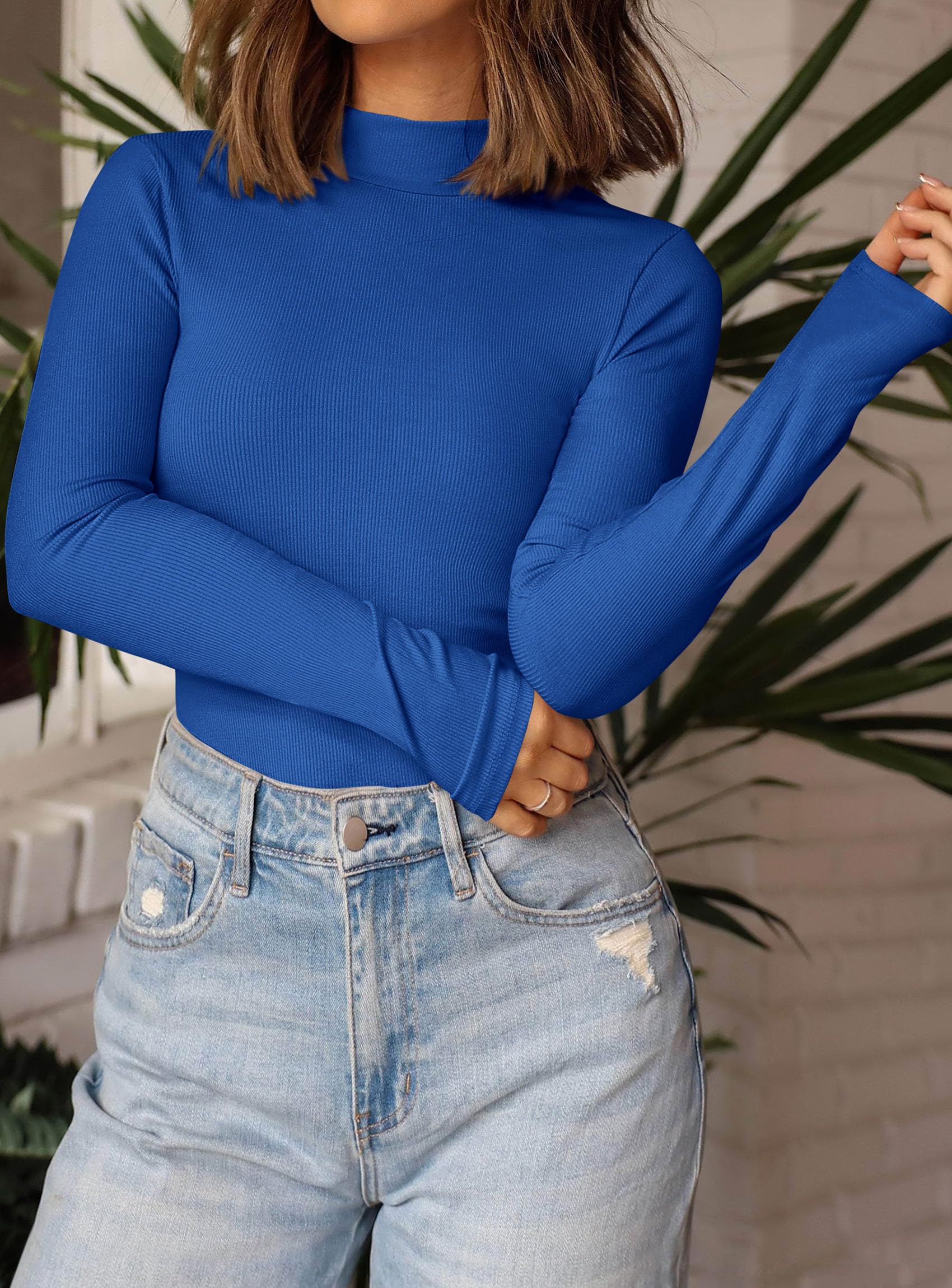 Womens Mock Turtleneck Fall Long Sleeve Shirts,Blue,XS
