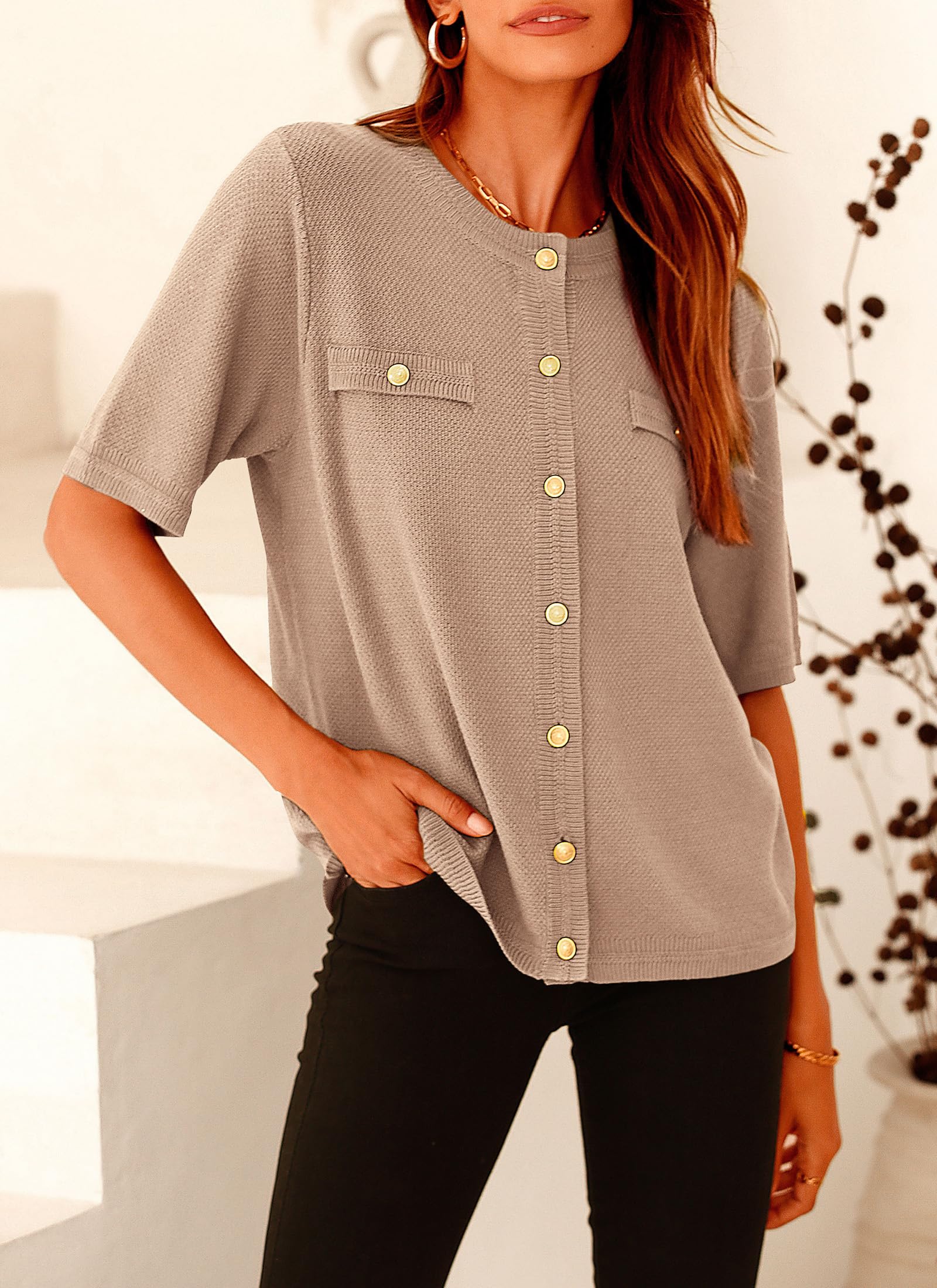 Women's Summer Casual Button Down Shirts Camel,Small