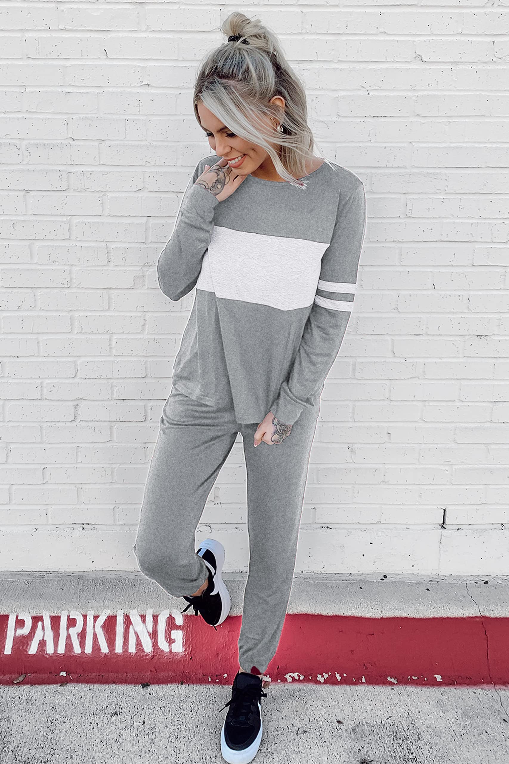 Women Color Block 2 Piece Sets Tracksuit,Light Grey,S
