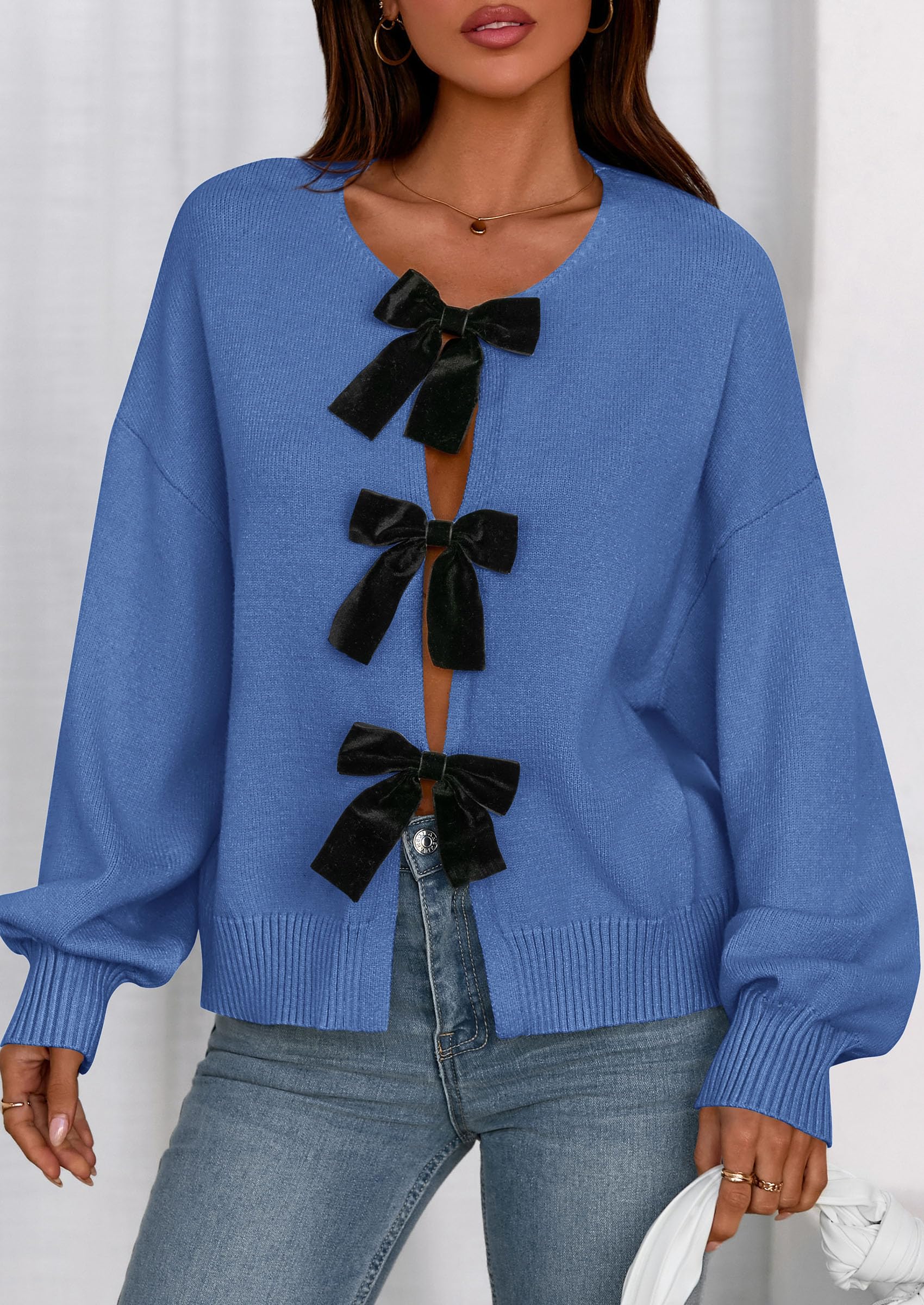 Women's Fall Bow Tie Front Cardigan Sweaters,Blue,S