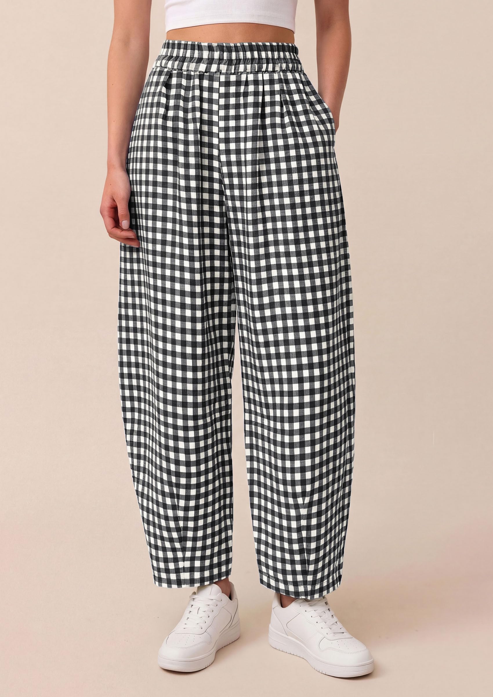 Plaid Barrel Pants Women Summer Bottoms, Black Plaid,L