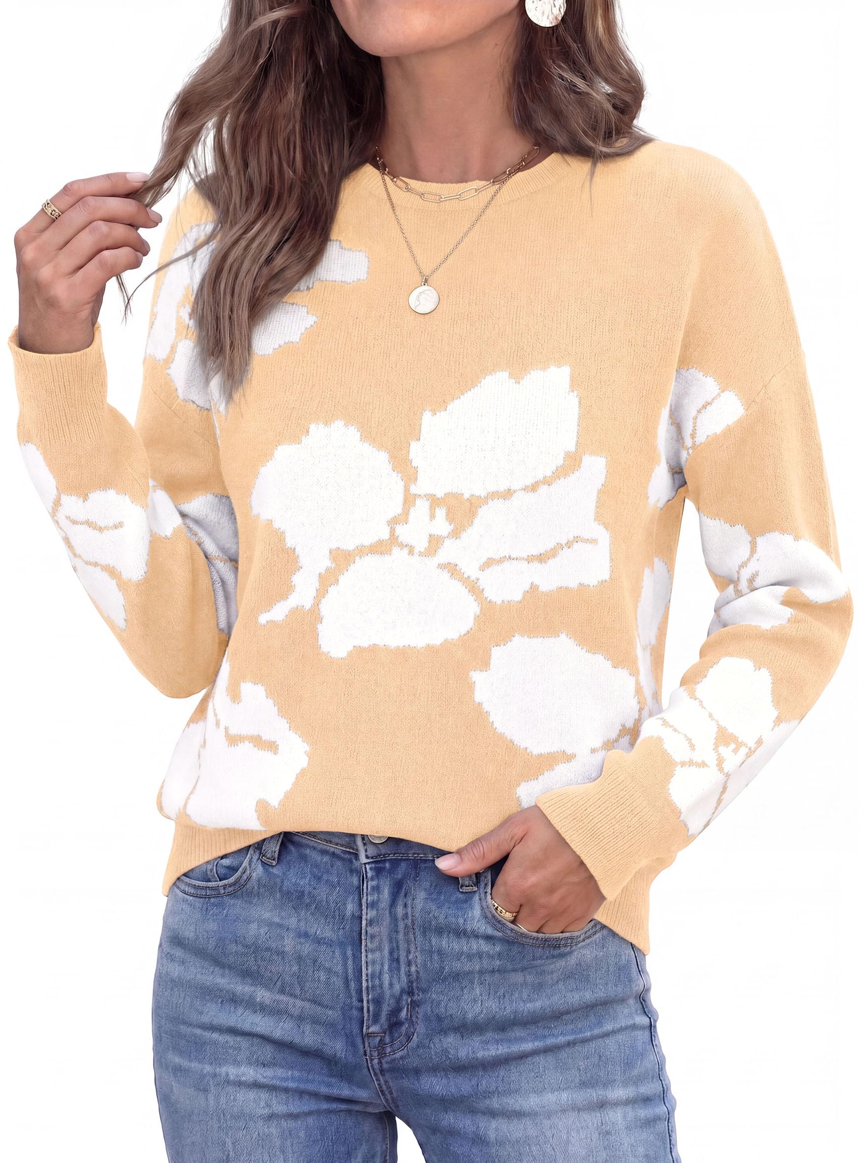 Womens Floral Sweater Crewneck Printed Pullover Tops Apricot