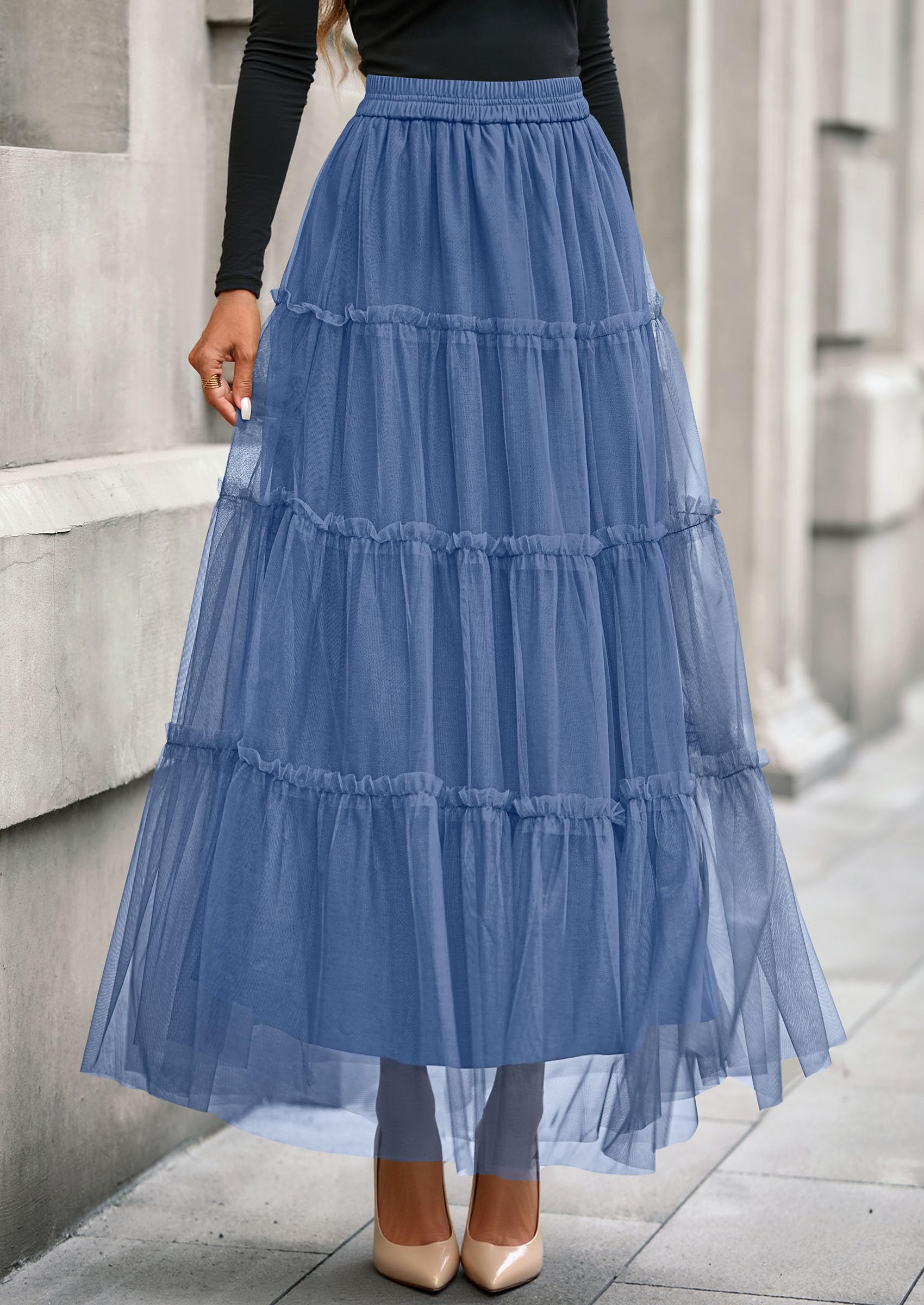 Women's Fall Soft Tulle Tiered Long Skirt,Grey Blue,S