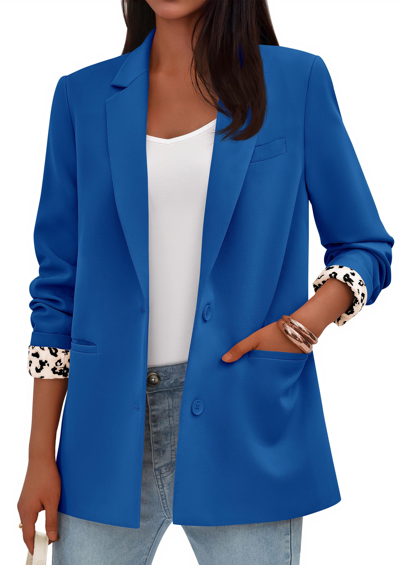 Womens Open Front Leopard Blazers Suit Jackets,Royal Blue,S