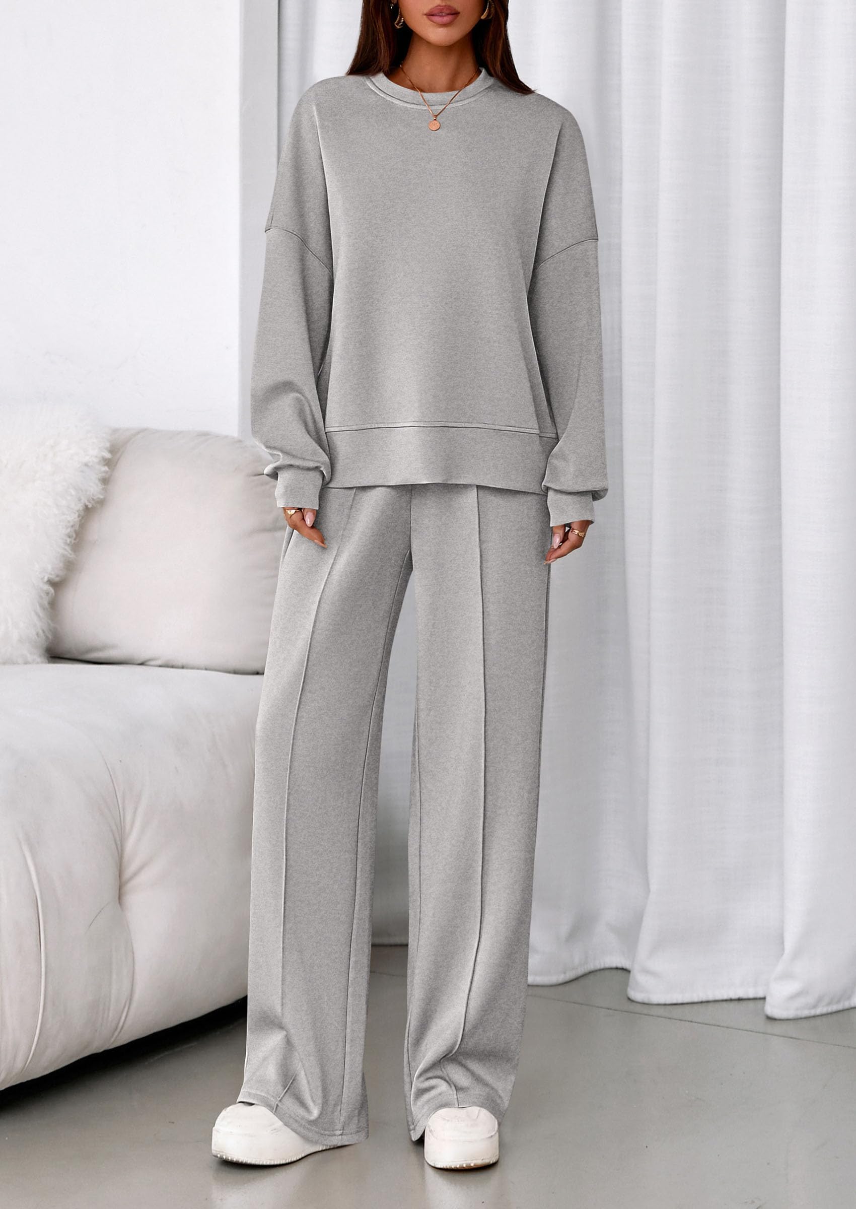 Womens Long Sleeve Sweatshirt 2 Piece Sets,Grey,S