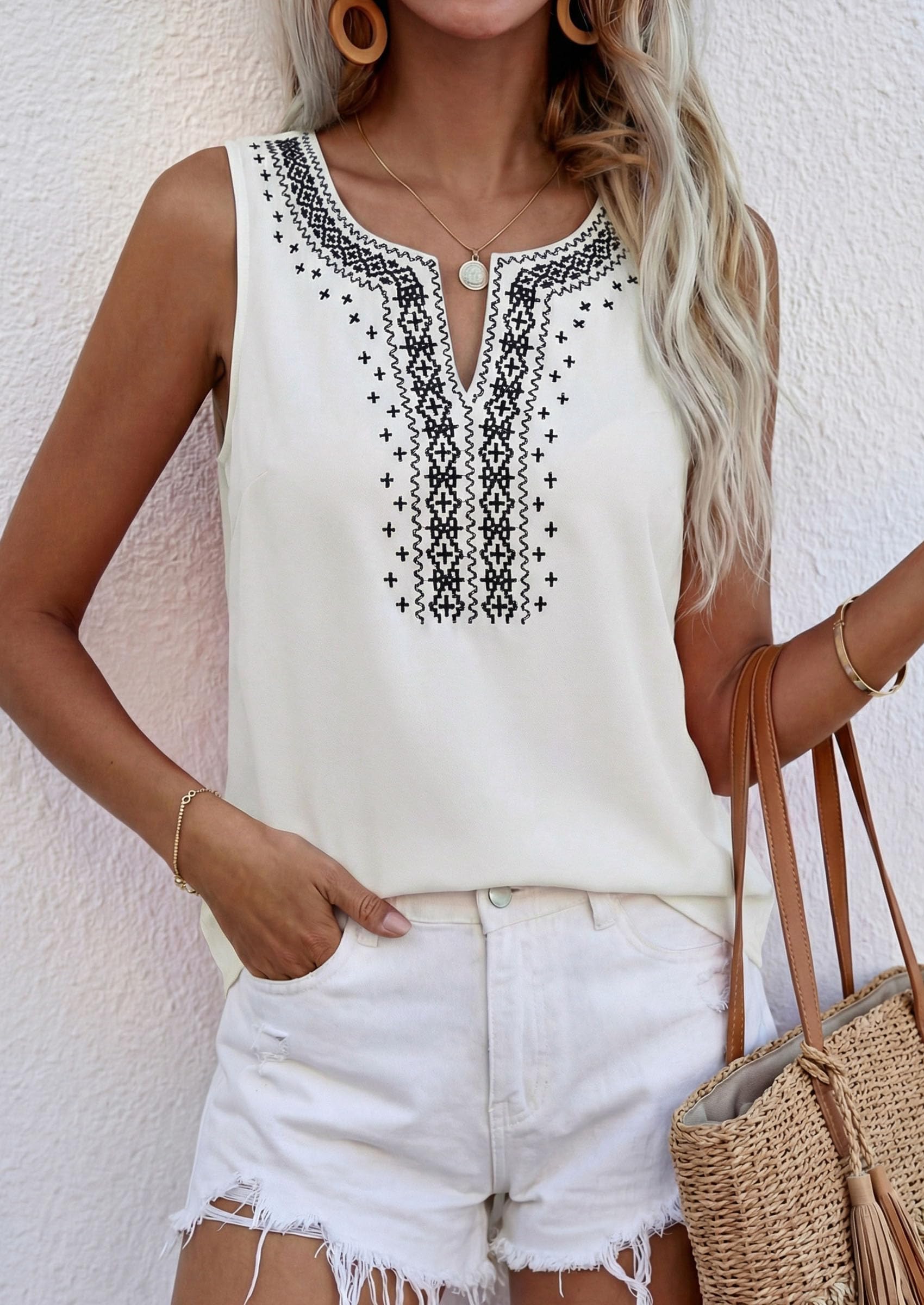 Womens Embroidered Sleeveless Tank Tops White,S