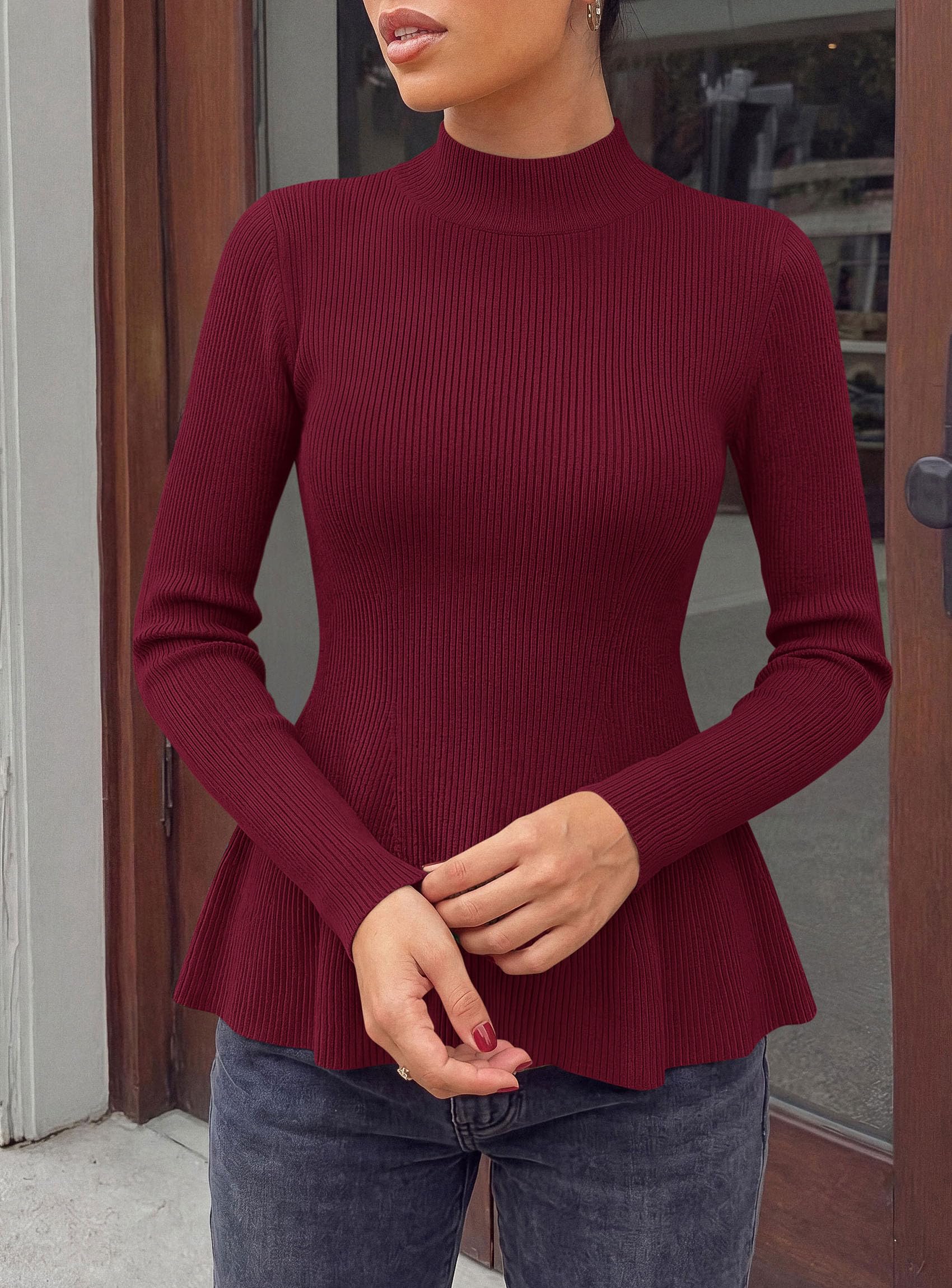Women's Long Sleeve Peplum Tops Knit Pullover Fall Sweaters