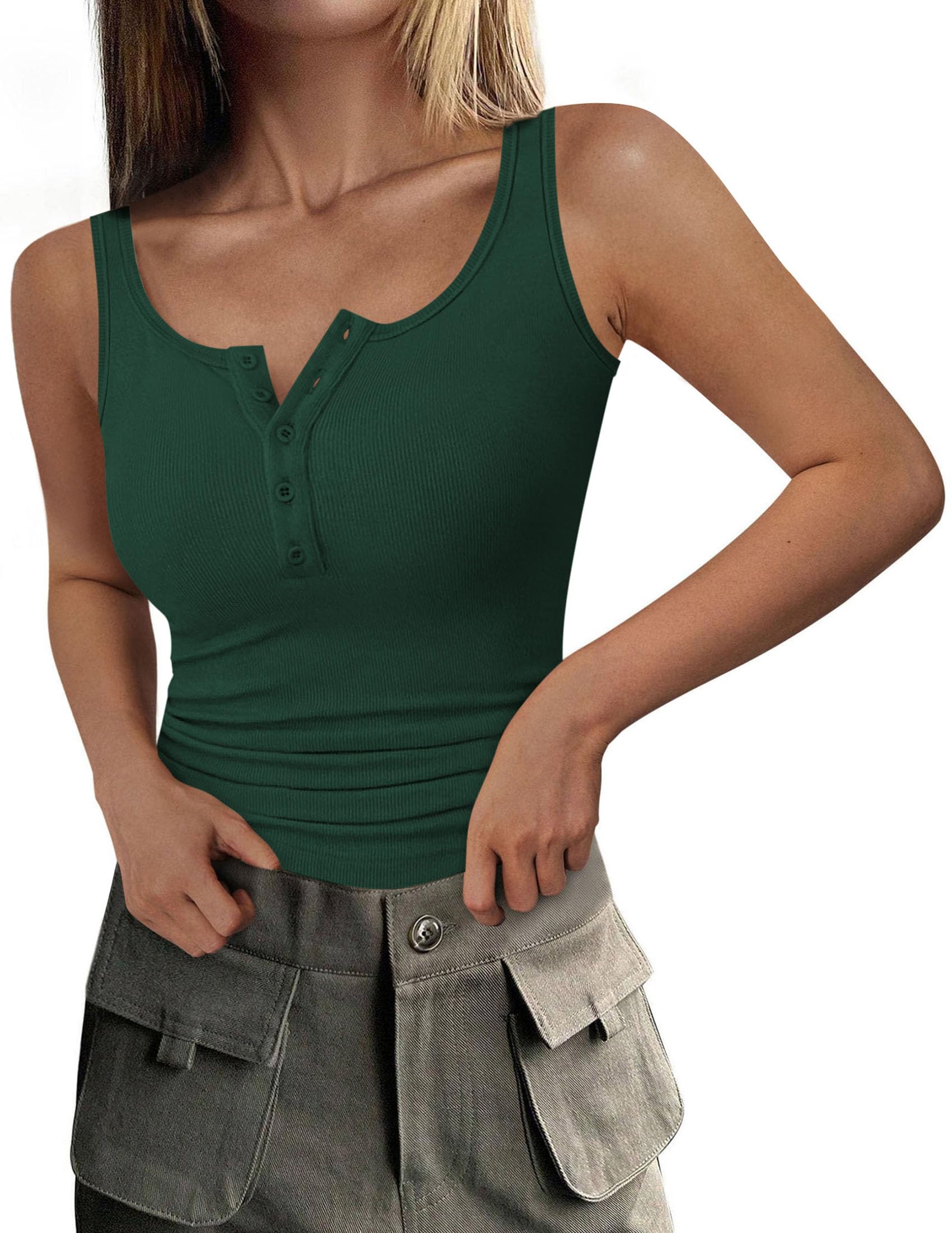 Womens Button Up Sleeveless Henley Tank Tops,Dark Green,S