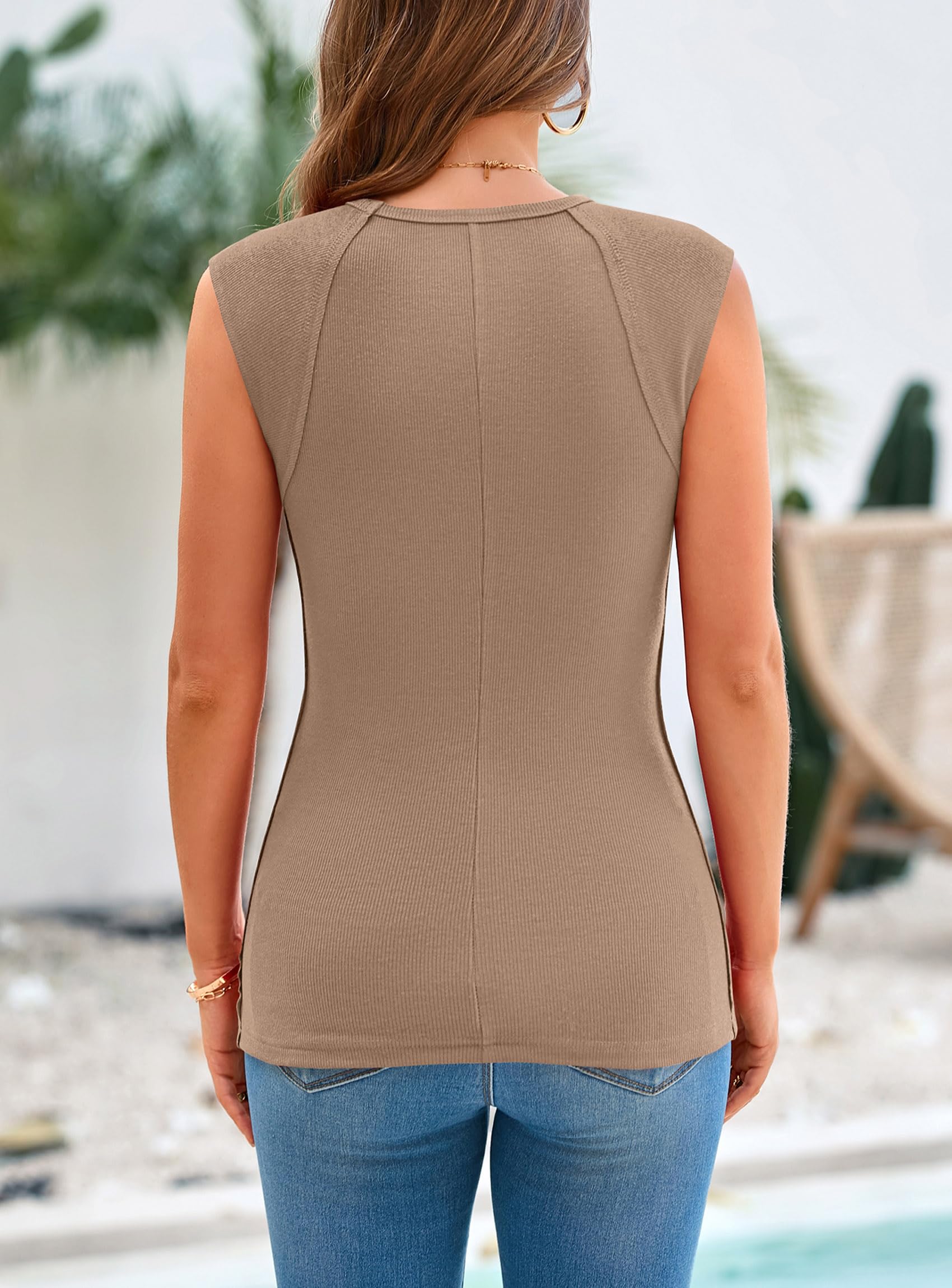 Women's Cap Sleeve Ribbed Tank Tops Summer, Khaki,S