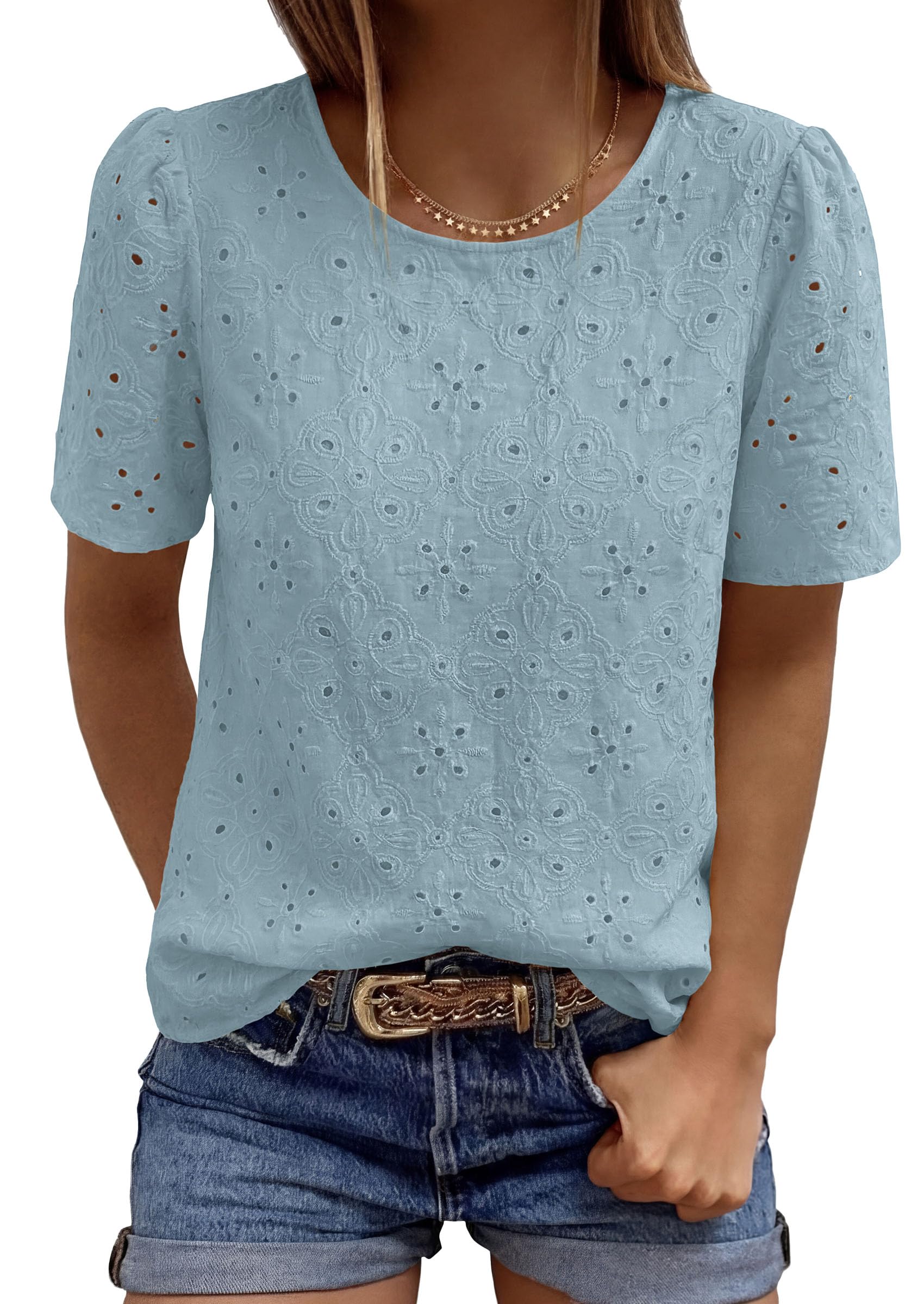 Women's Embroidered Eyelet Short Sleeve Blouse, Dusty Blue,XS