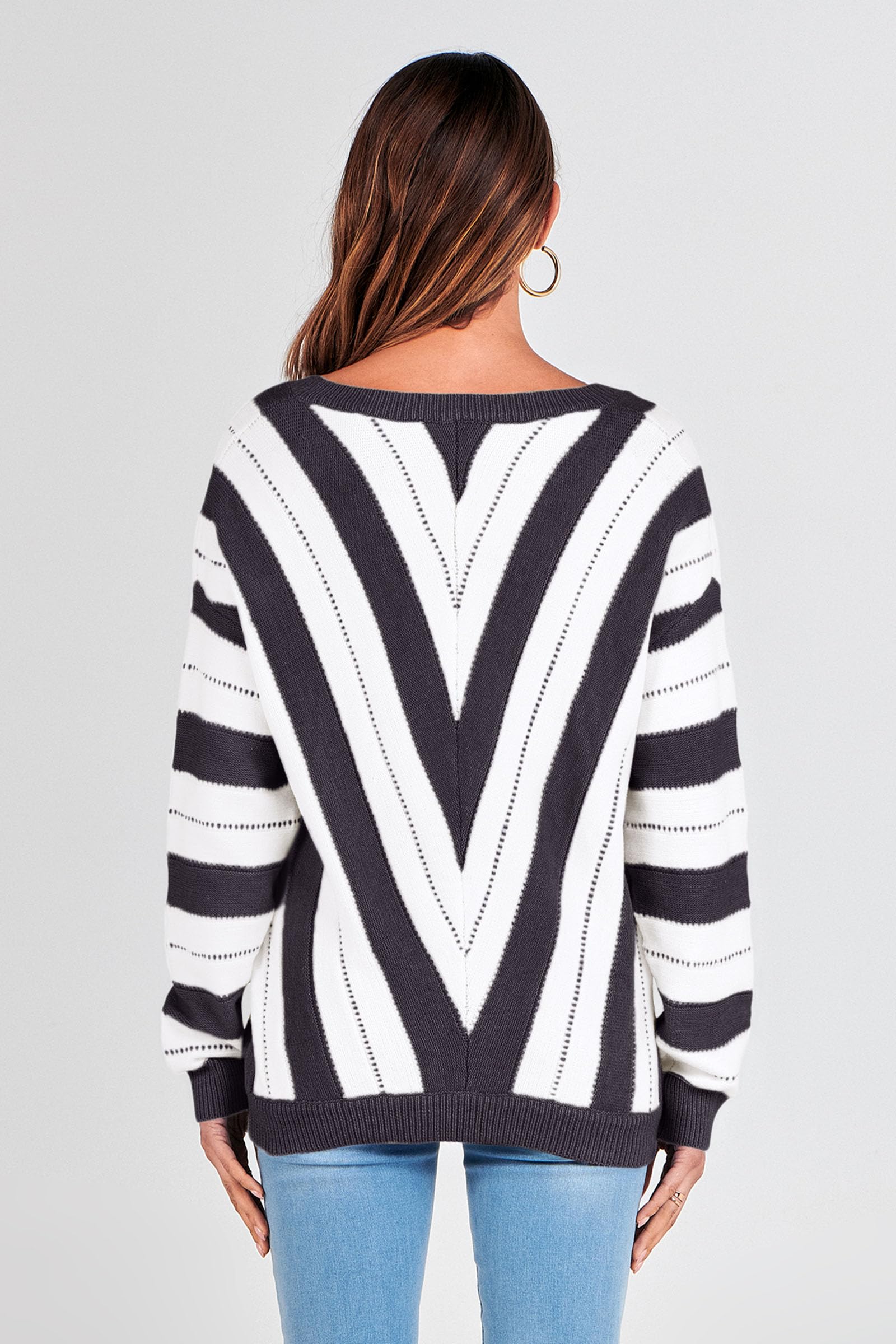 Women's V Neck Striped Knit Pullover Sweater