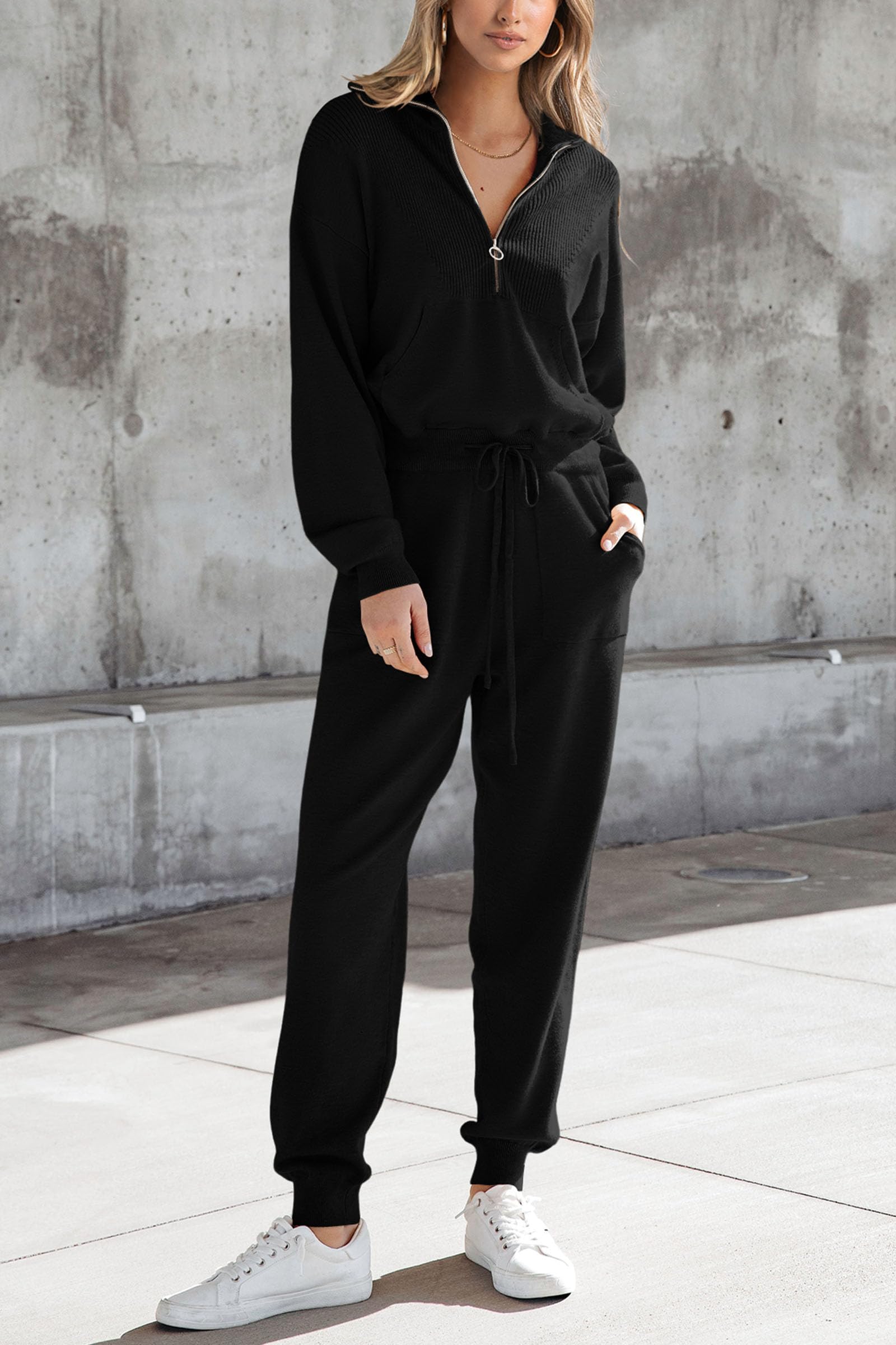 Women's 2 Piece Sweatsuits Set Fall Outfits(Black,S)