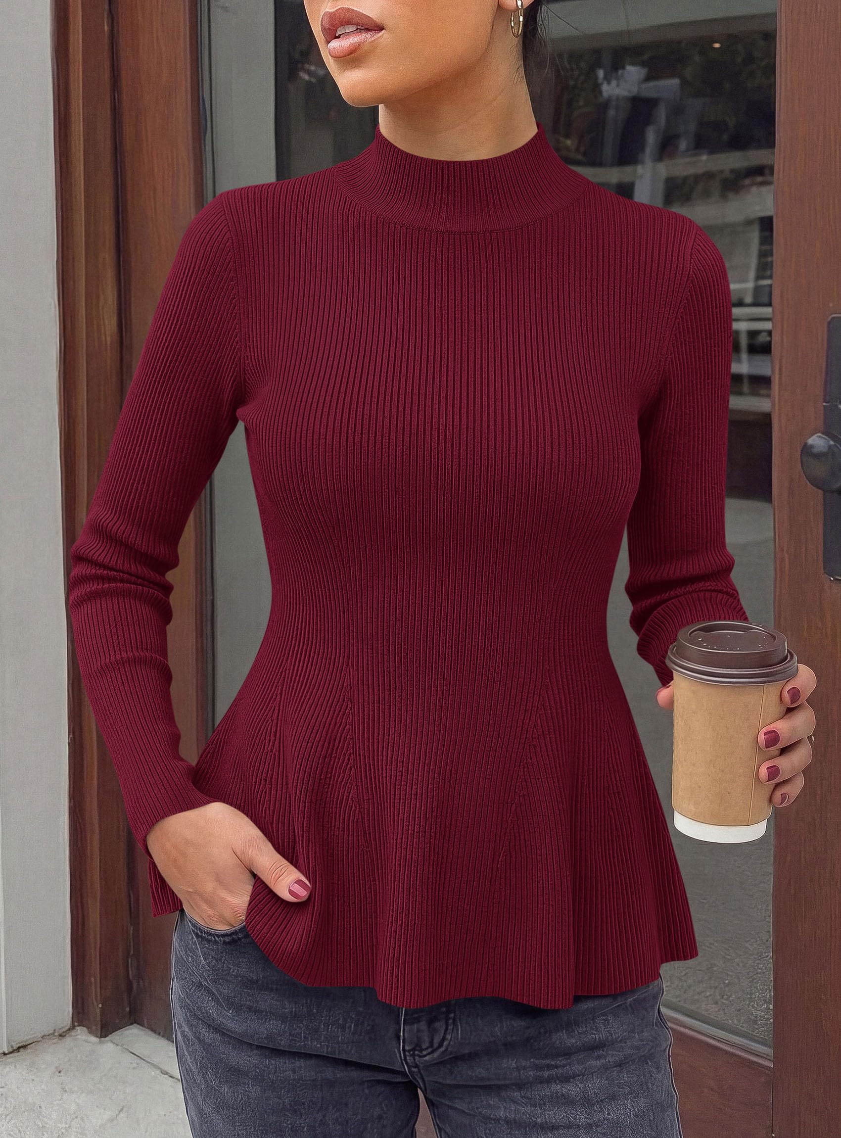 Women's Long Sleeve Peplum Tops Knit Pullover Fall Sweaters