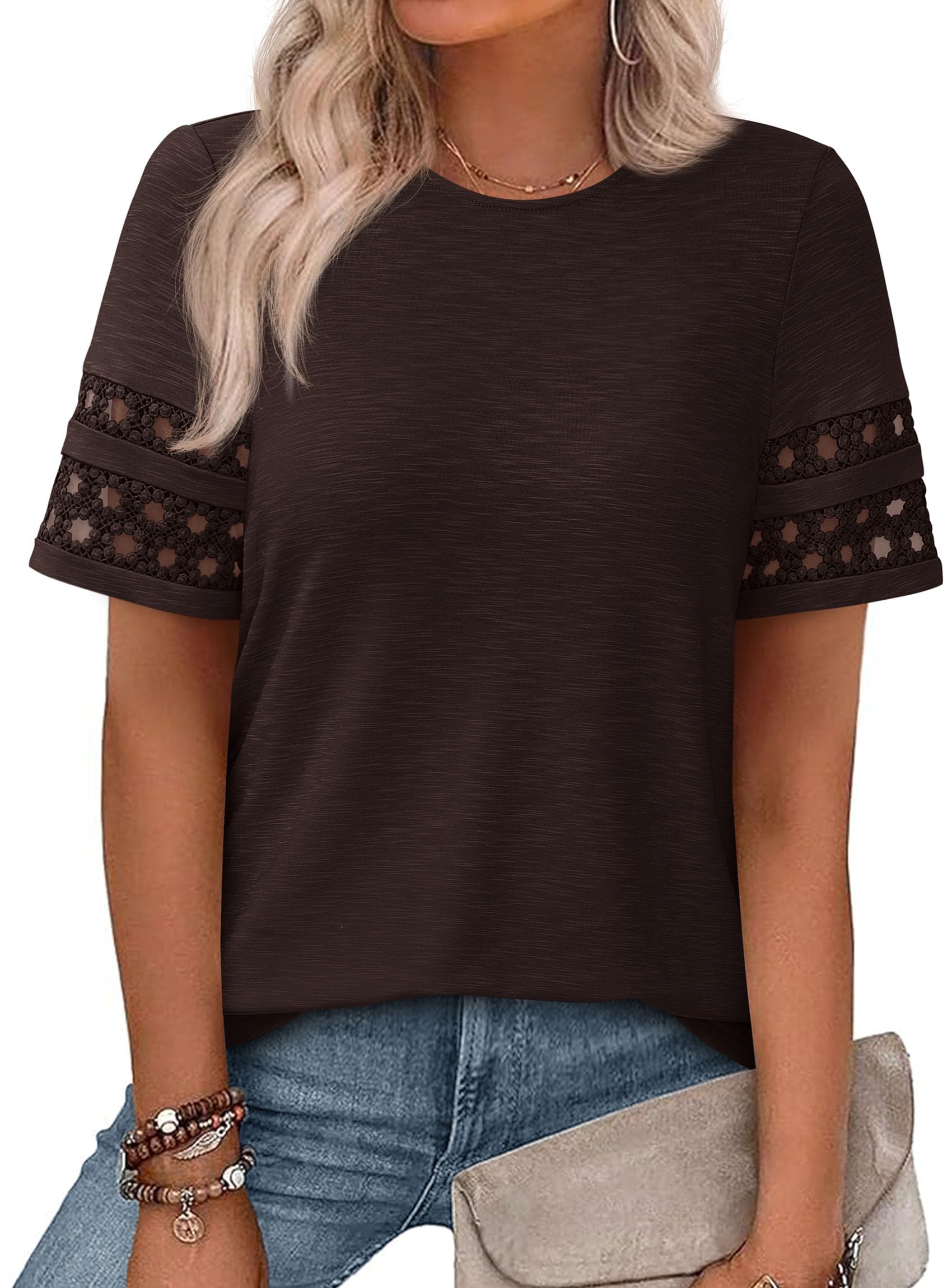 Women's Summer Short Sleeve Lace Trim T-Shirts,Dark Brown,S