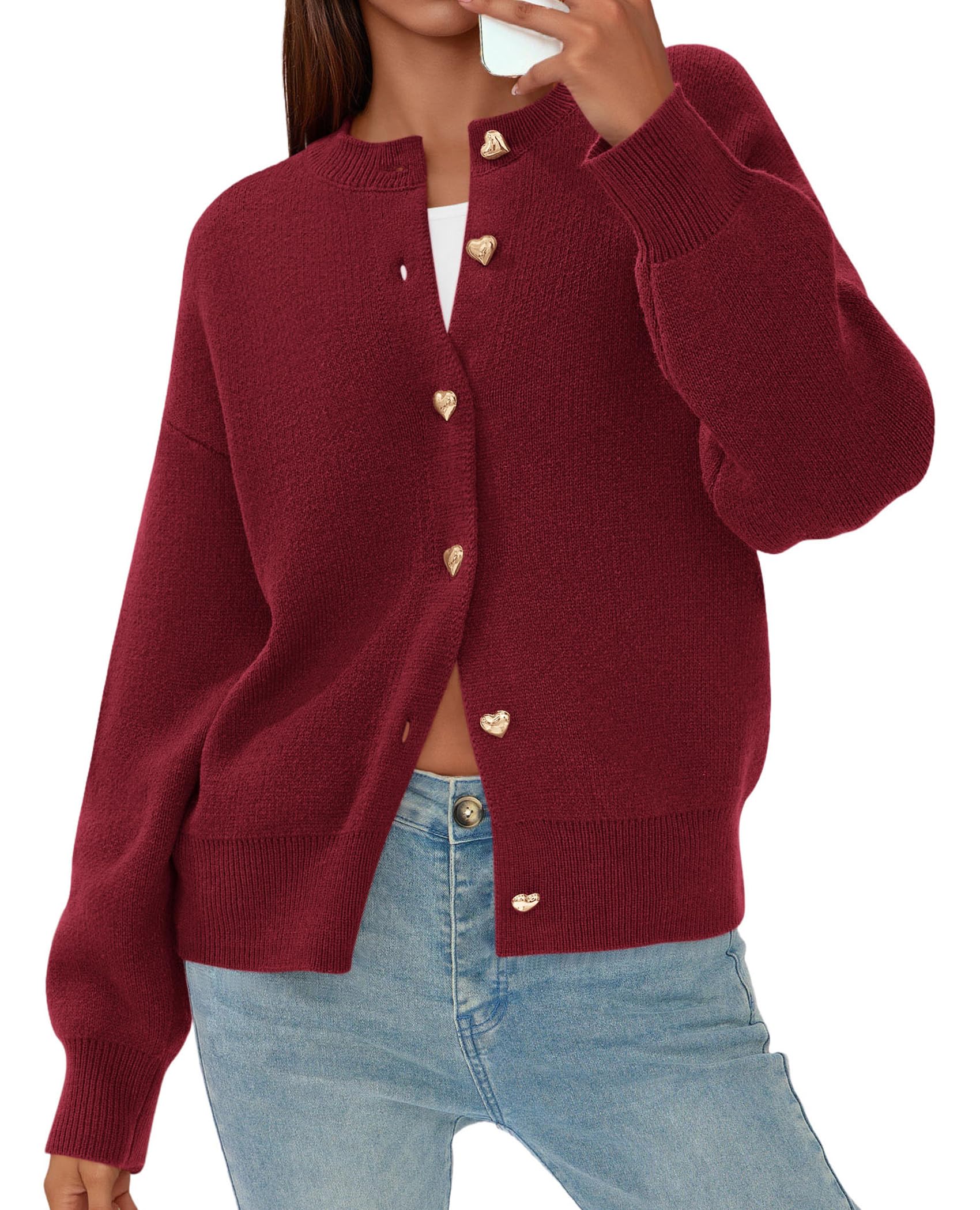 Women's Long Sleeve Button Up Cardigan,Burgundy,M
