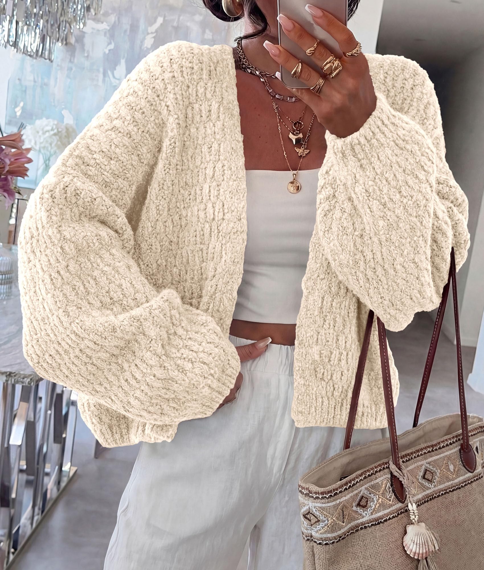 Women's Fall Cardigan Open Front Chunky Sweaters Beige S