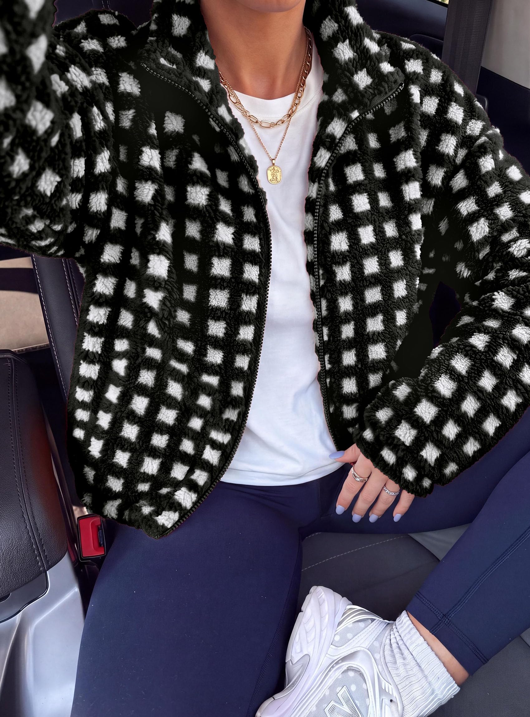 Women's Gingham Sherpa Fleece Jacket Plaid Cropped Teddy Coat