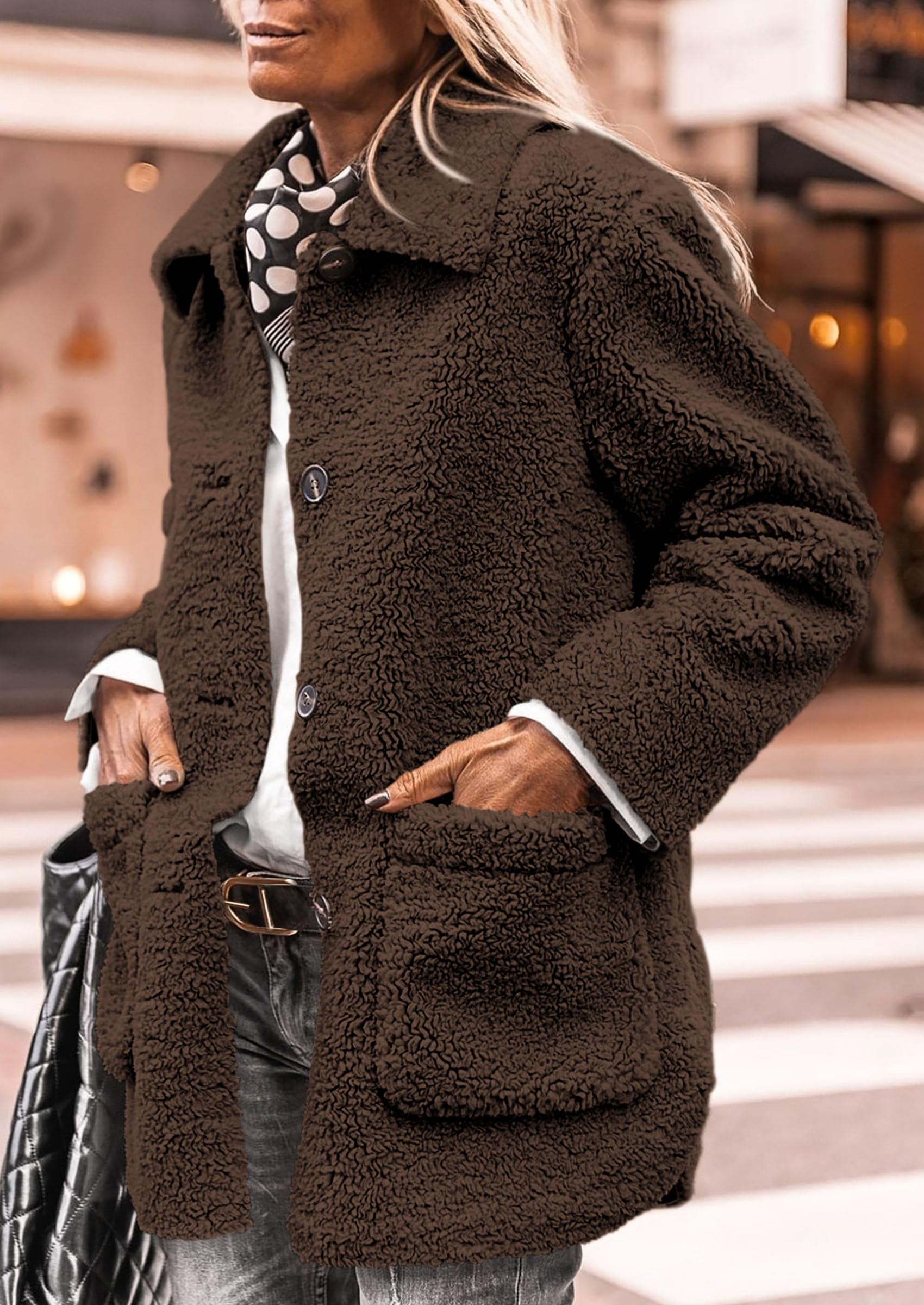 Women's Fleece Sherpa Coats Winter Outfits Coffee,S