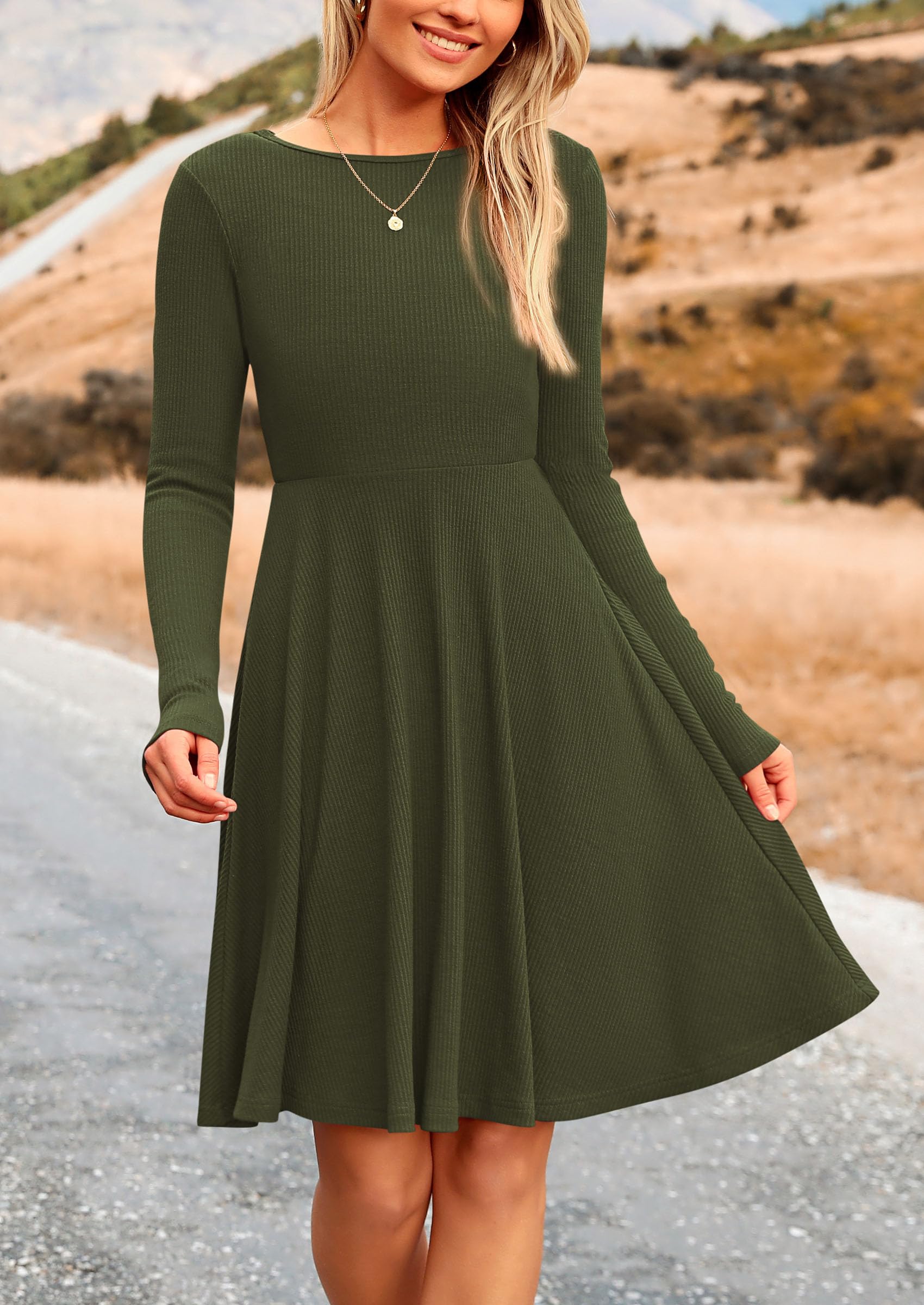 Women's Fall Casual Long Sleeve Short Dress (Army Green,S)