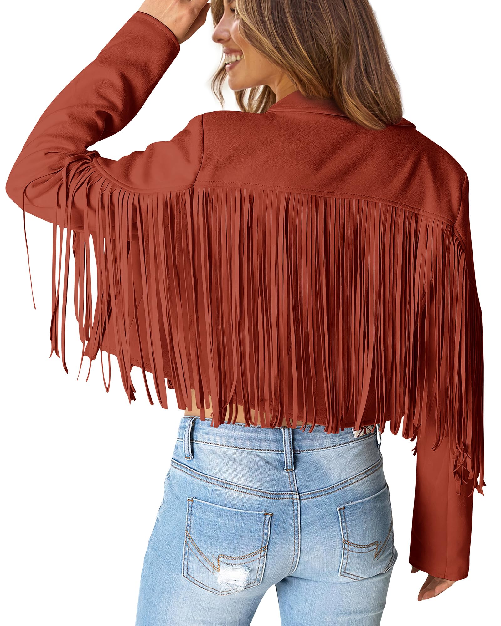 Women's Fringe Faux Suede Leather Jackets,Brick Red,S
