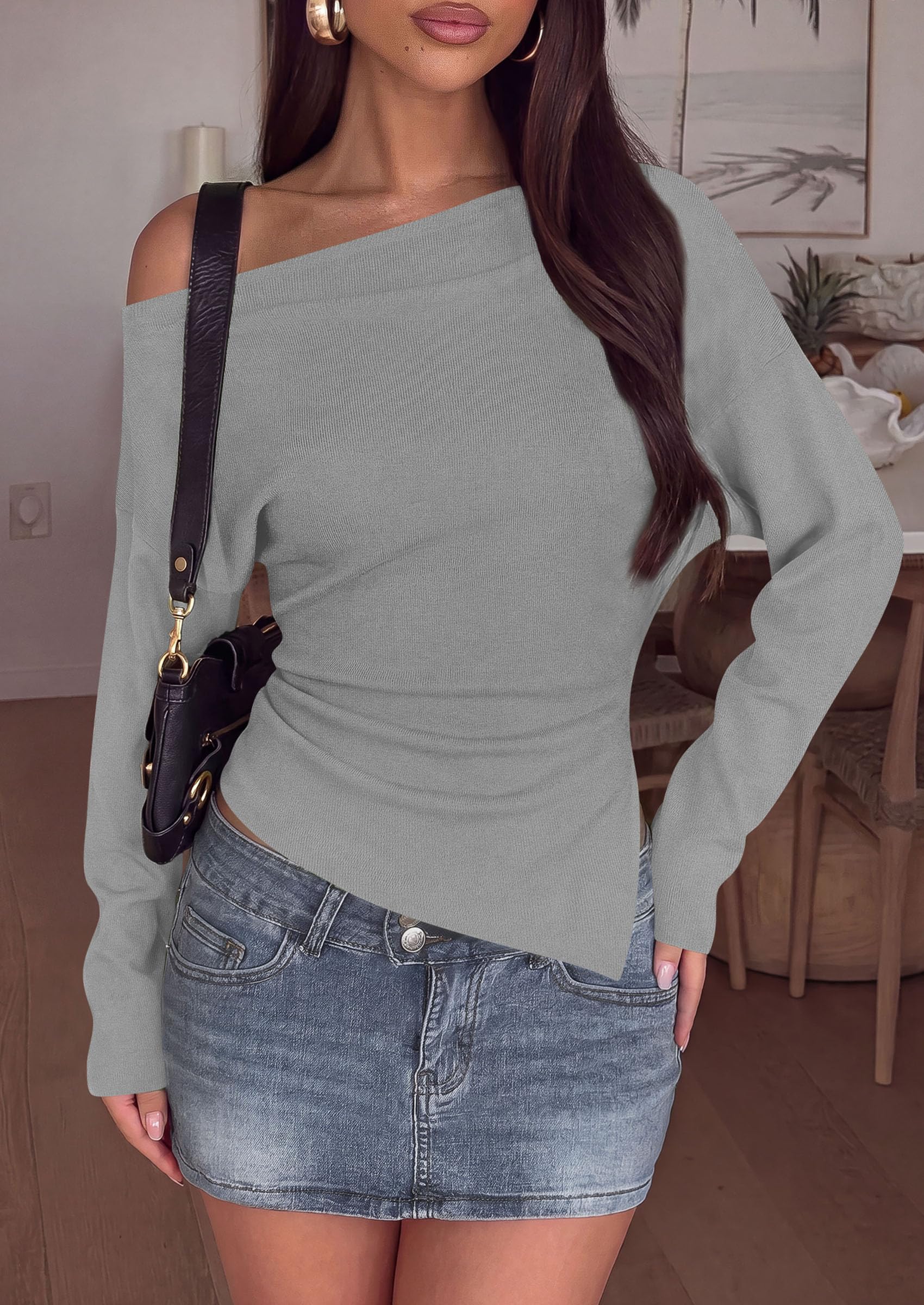 Womens Fall Long Sleeve Off Shoulder Sweater,Grey,S