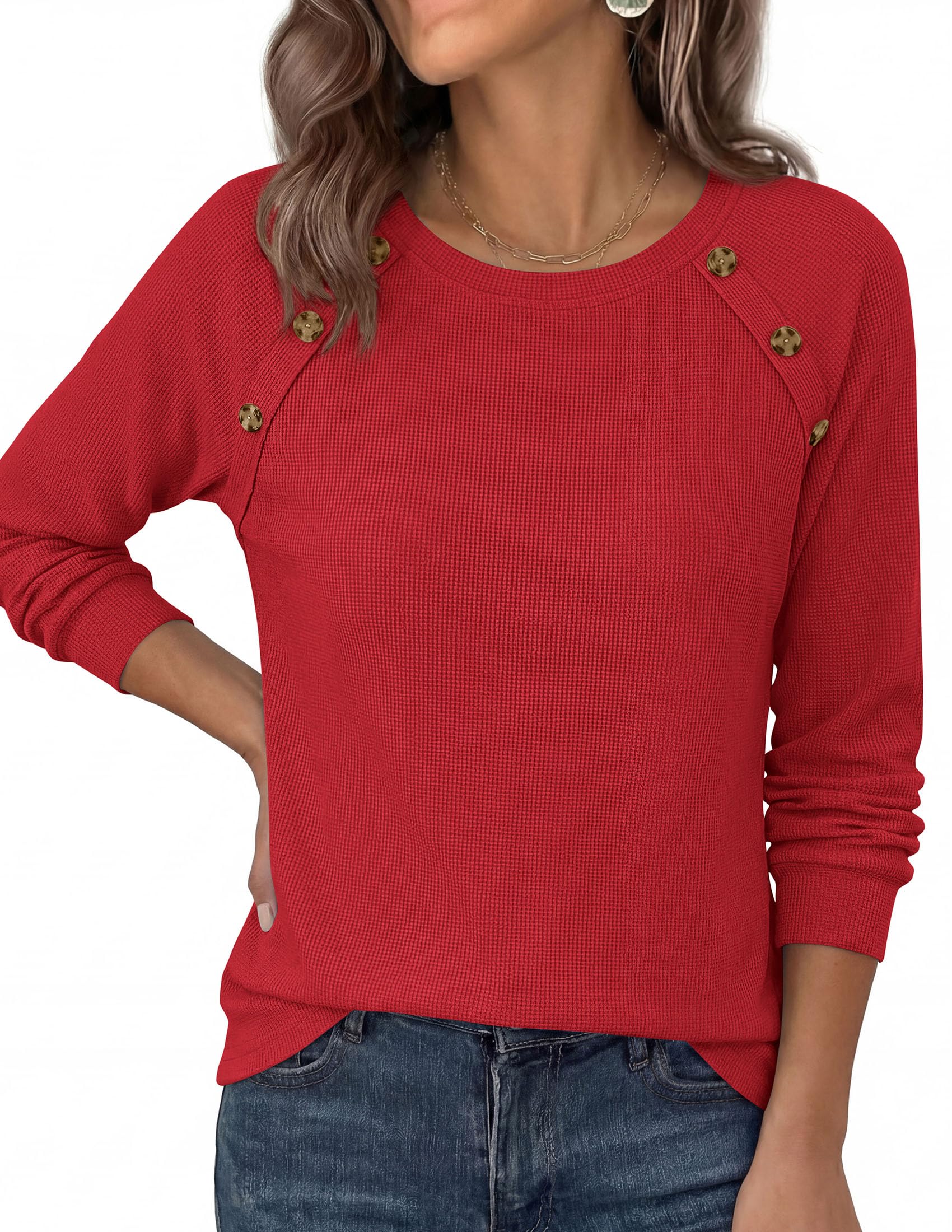 Fall Long Sleeve Waffle Knit Shirts for Women Loose Tunic Tops