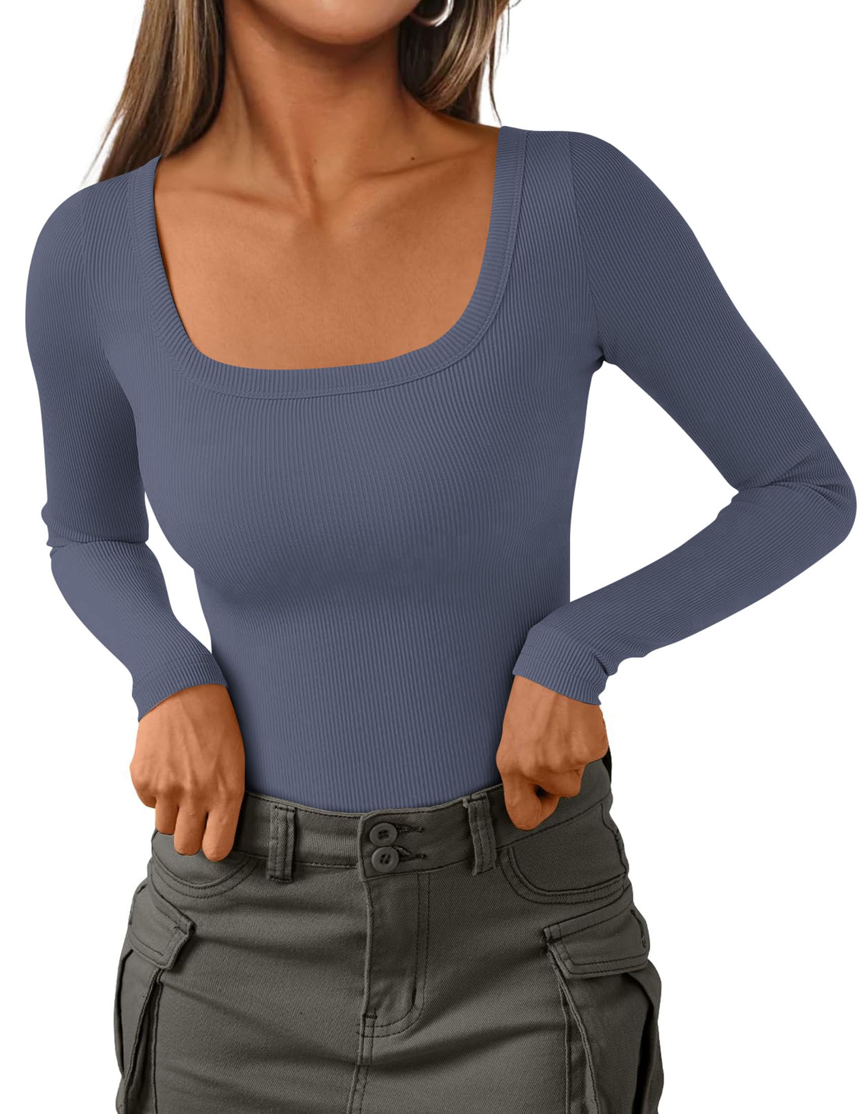 Square Neck Long Sleeve Shirts for Women Dark Dusty Blue,XS