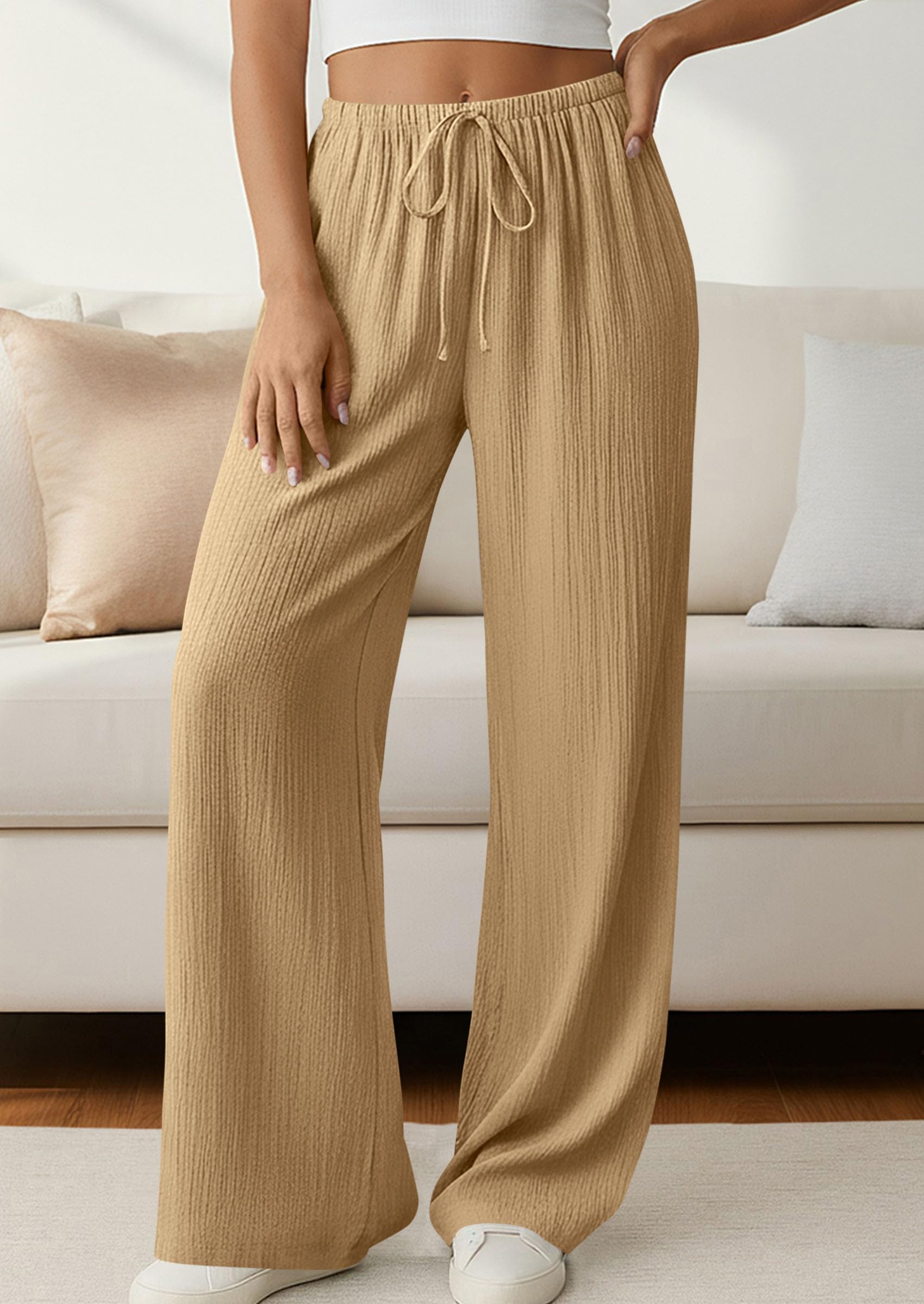 Women's Palazzo Pants Casual Wide Leg Trousers,Khaki,S
