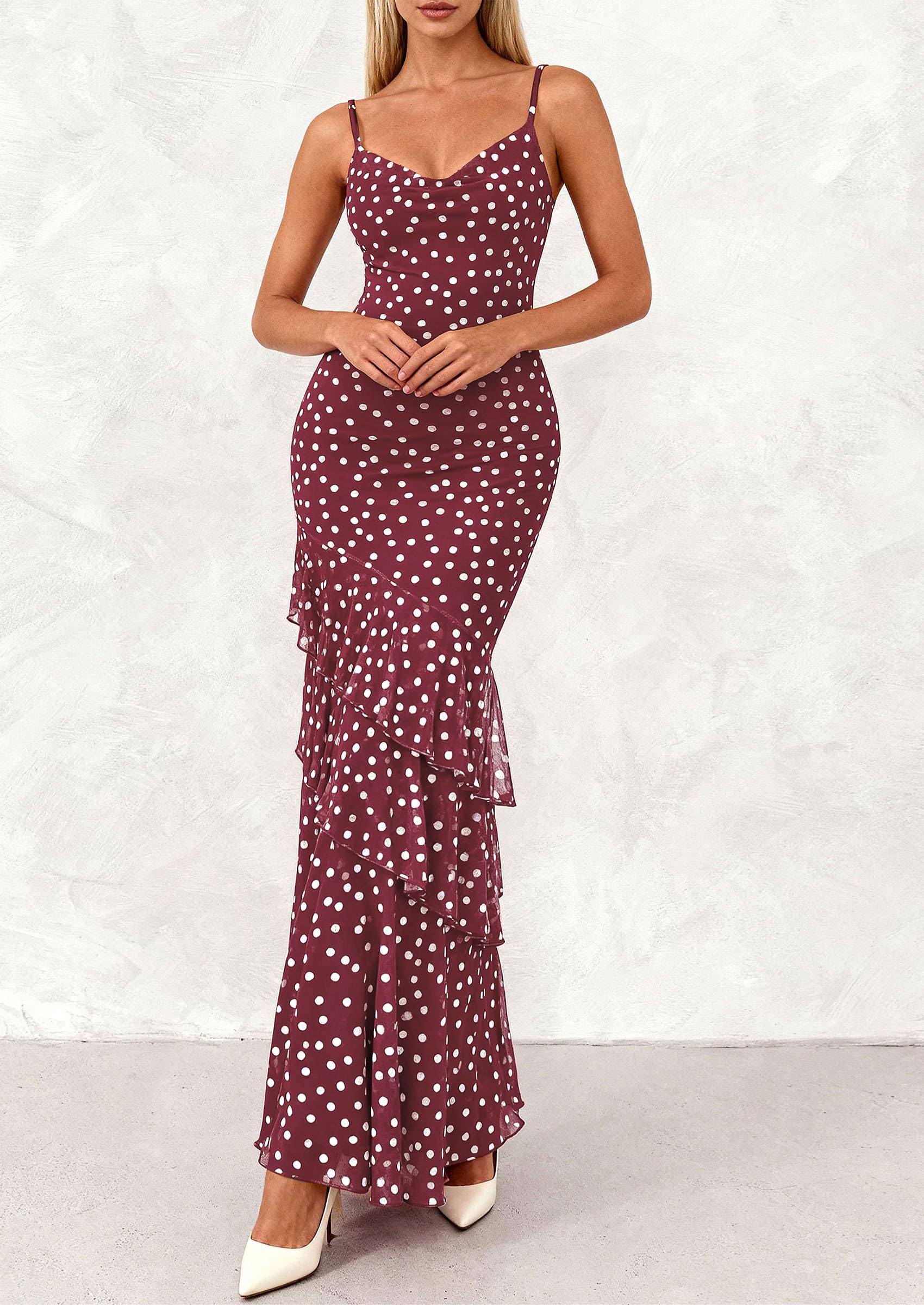Women's Boho Floral Tiered Maxi Dress,01 Dot Burgundy White,XS