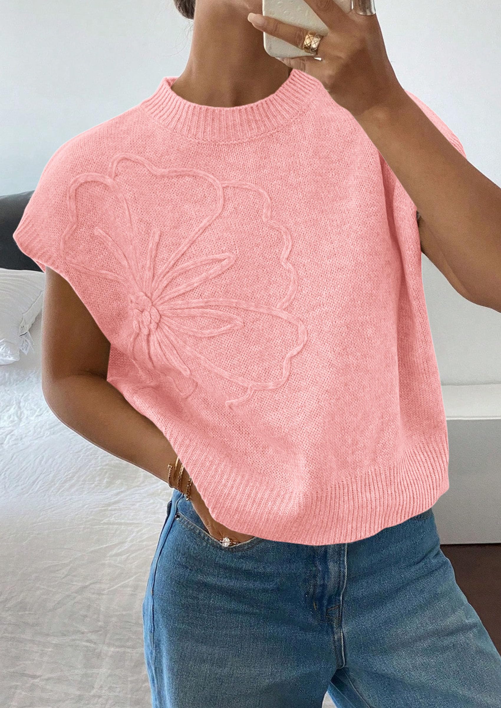 Women's Summer Short Cap Sleeve Sweater Vest (Pink,S)