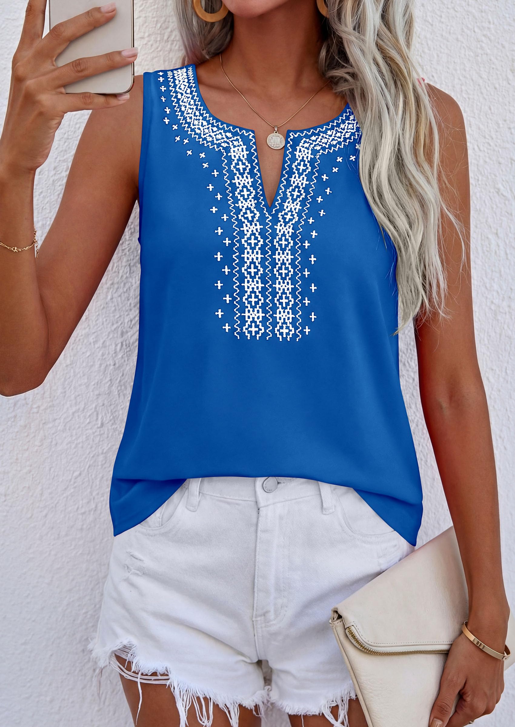 Womens Embroidered Sleeveless Tank Tops Blue,S