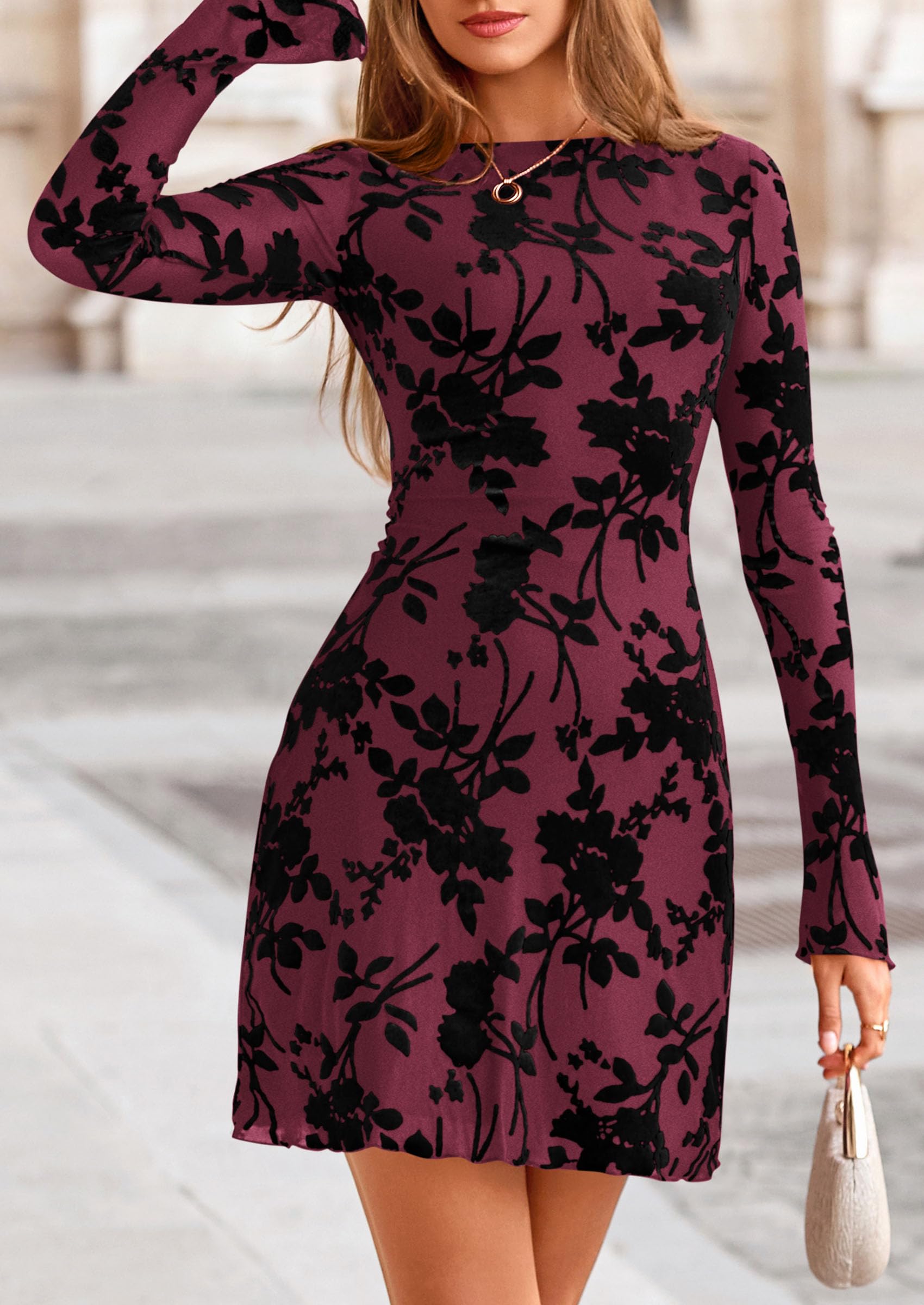 Women's Fall Floral Long Sleeve Mini Dress (Red,XS)