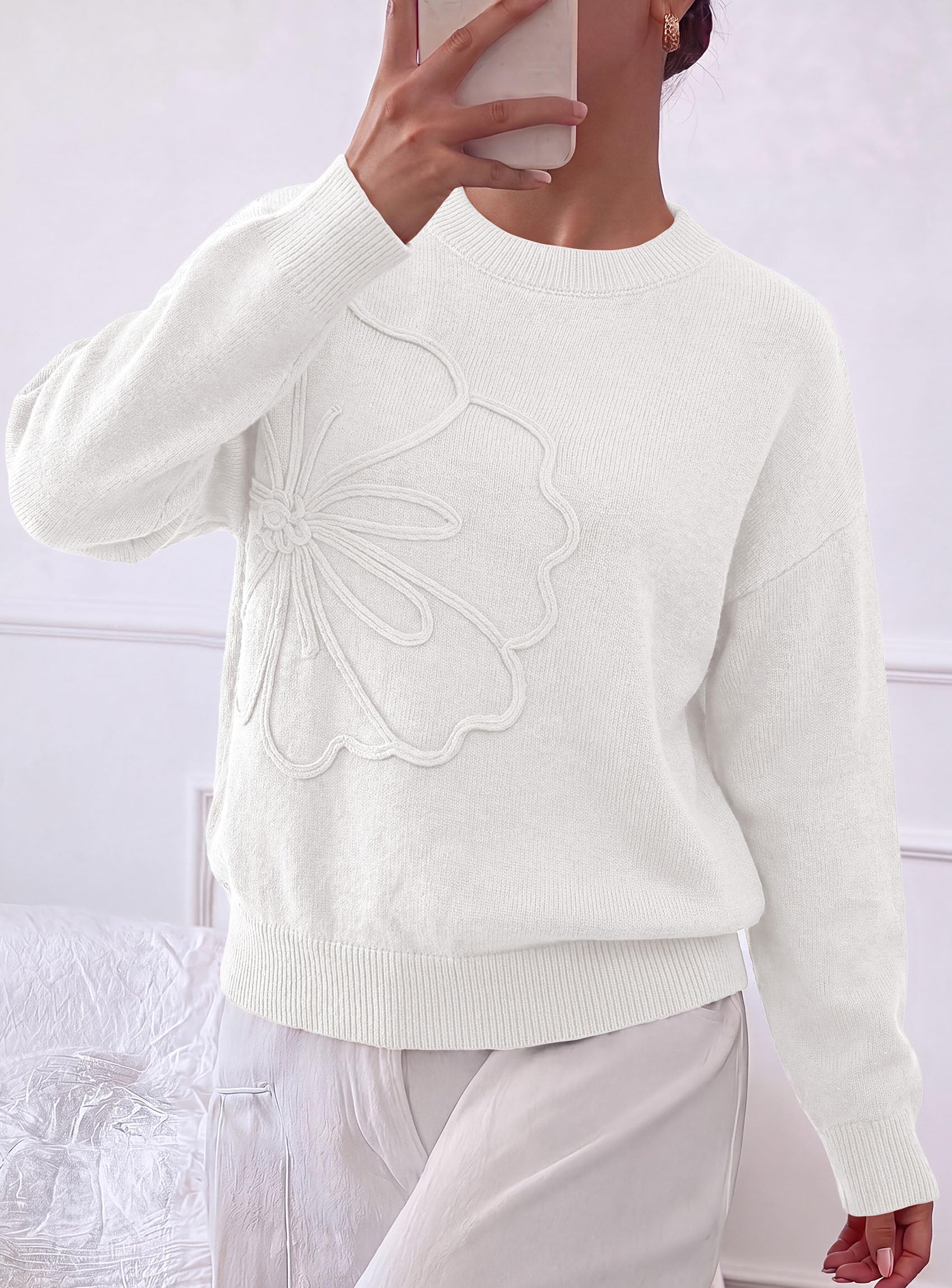 Womens Sweaters Floral Long Sleeve Knit Tops,White,S