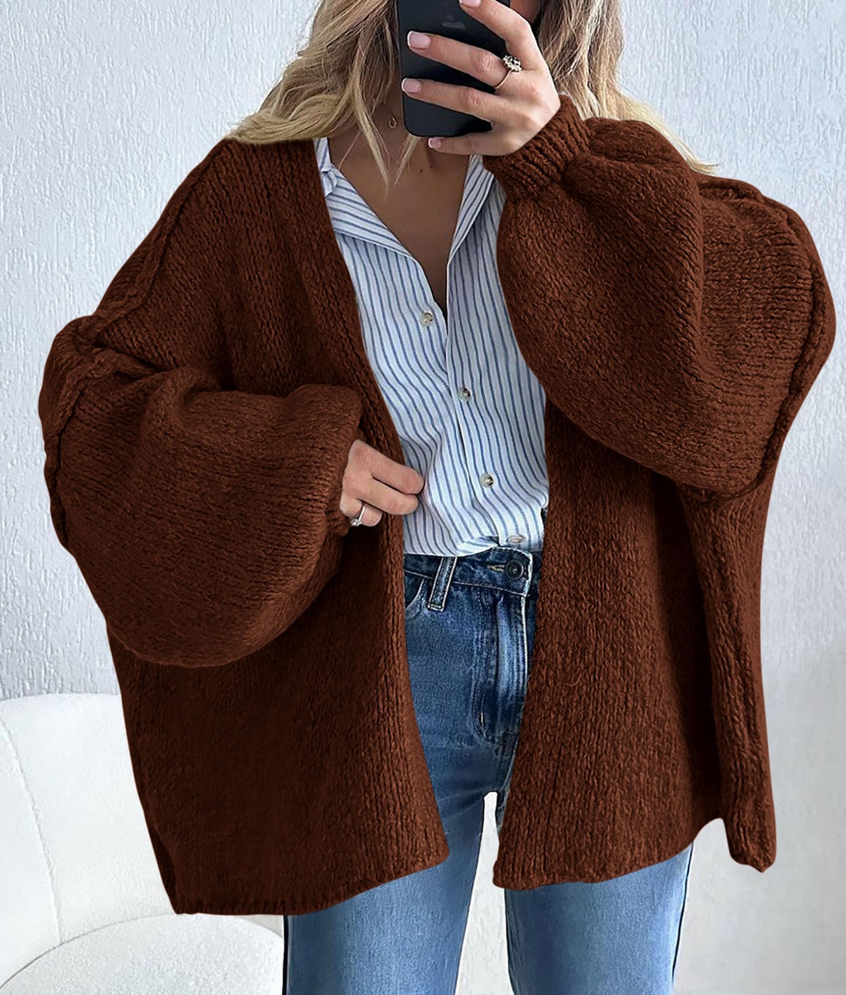 Womens Open Front Oversized Cardigan Sweaters,Caramel,XS