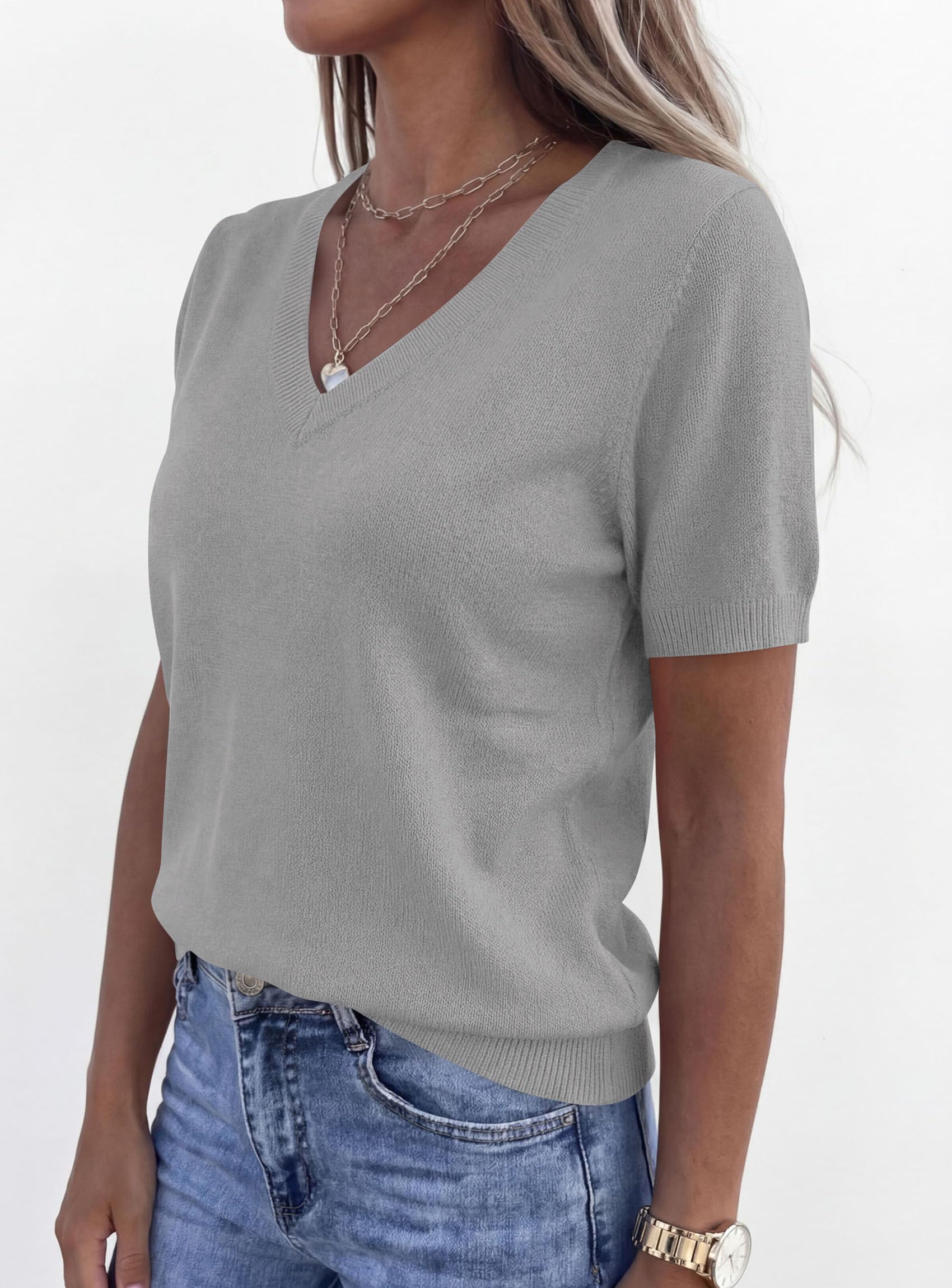 Womens Short Sleeve Sweater V Neck Tops,Grey,S