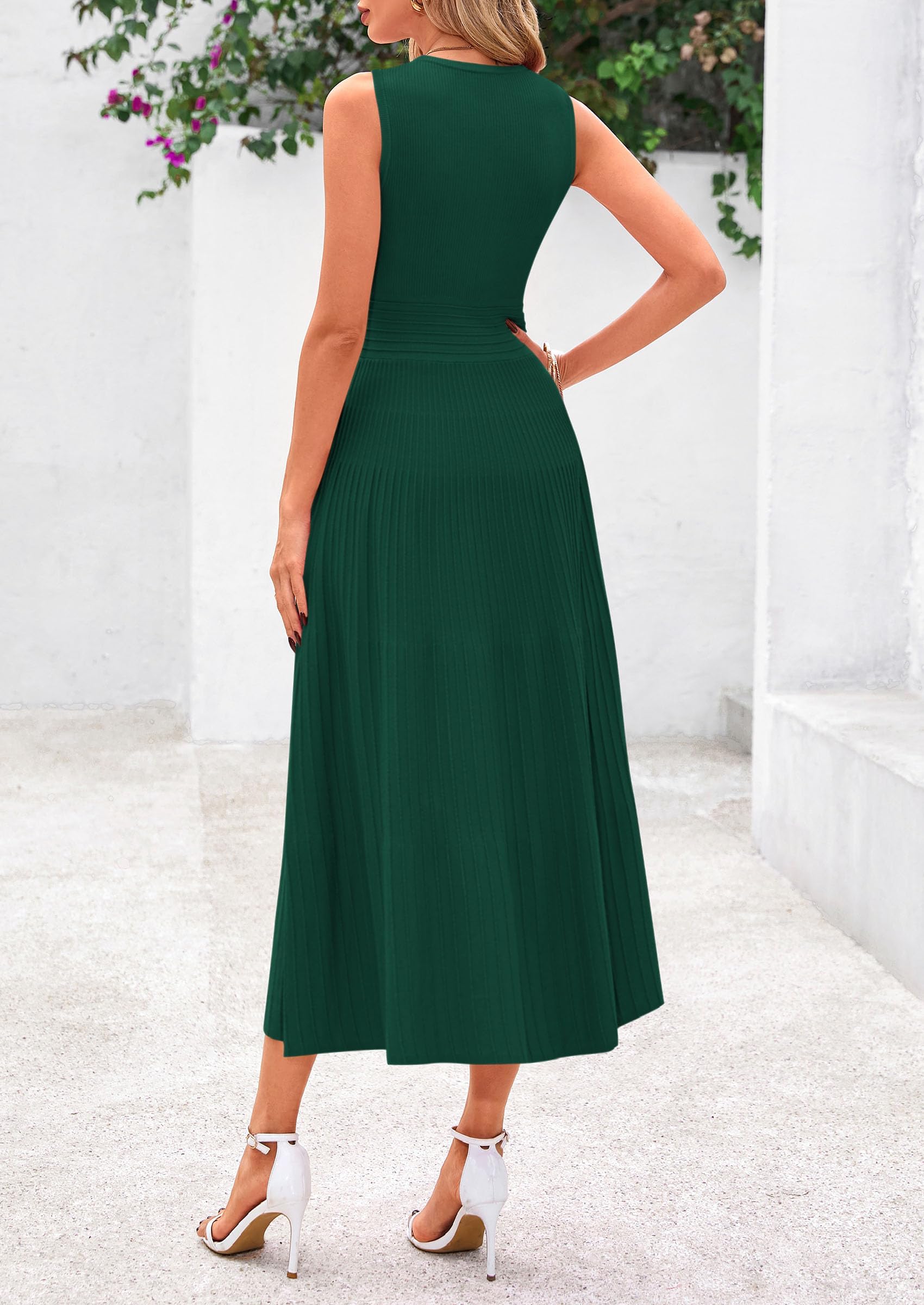 Women's Summer Pleated Midi Work Dress,Dark Green,S