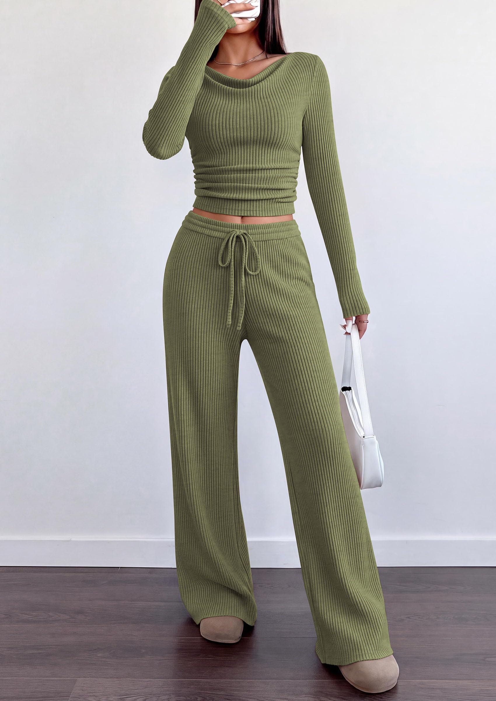 Matching Sets Women Clothing Fall Ribbed 2 Piece Lounge Set